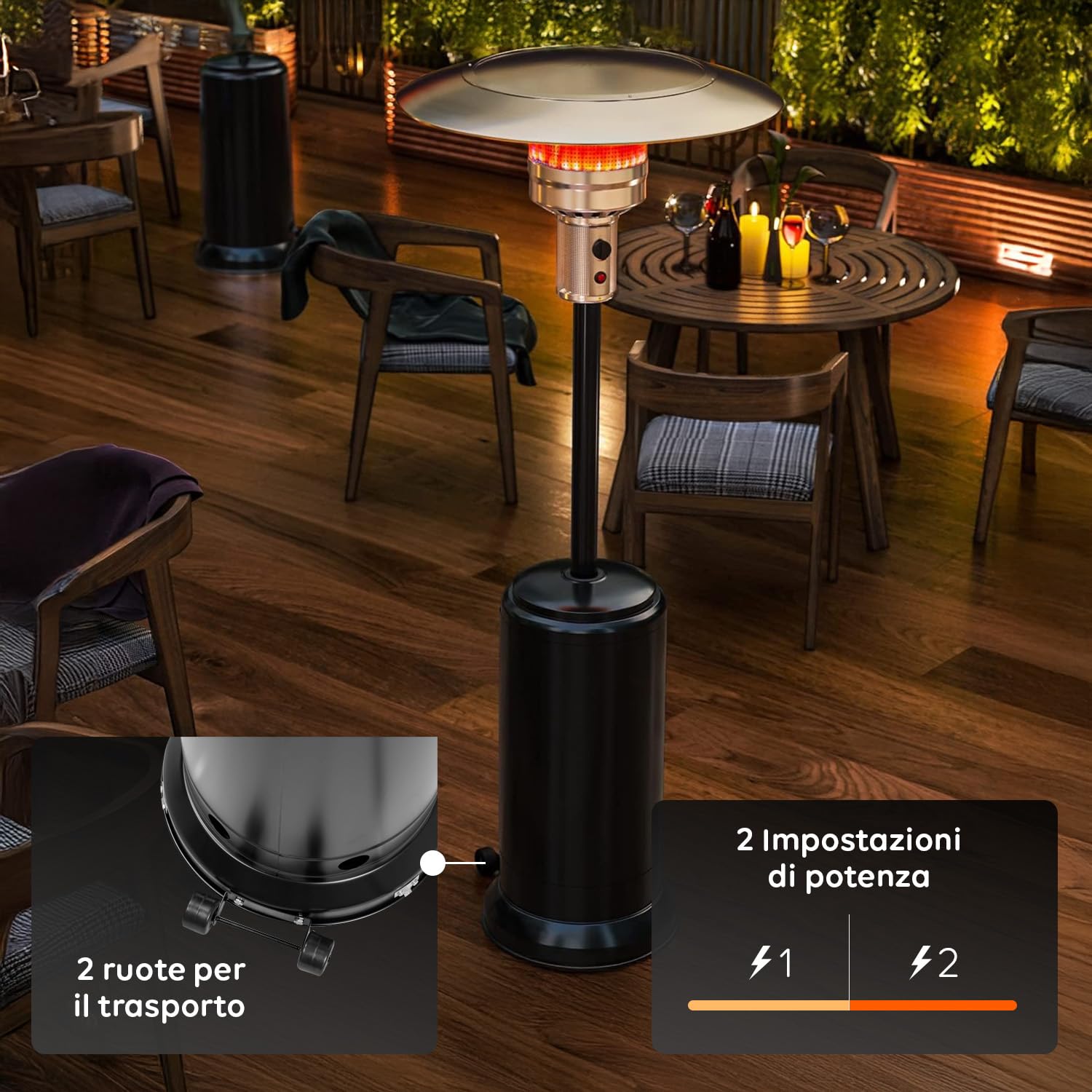 Stufa a Fungo Riscaldante per Esterno a Gas 12kW, Accensione Piezoelettrica, Ruote Integrate, Compatibile con Bombola 15Kg, Nero
