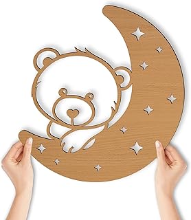 Lampe murale en bois MDF avec motif lune et ours en peluche - Veilleuse pour chambre d'enfant - Fonctionne avec piles
