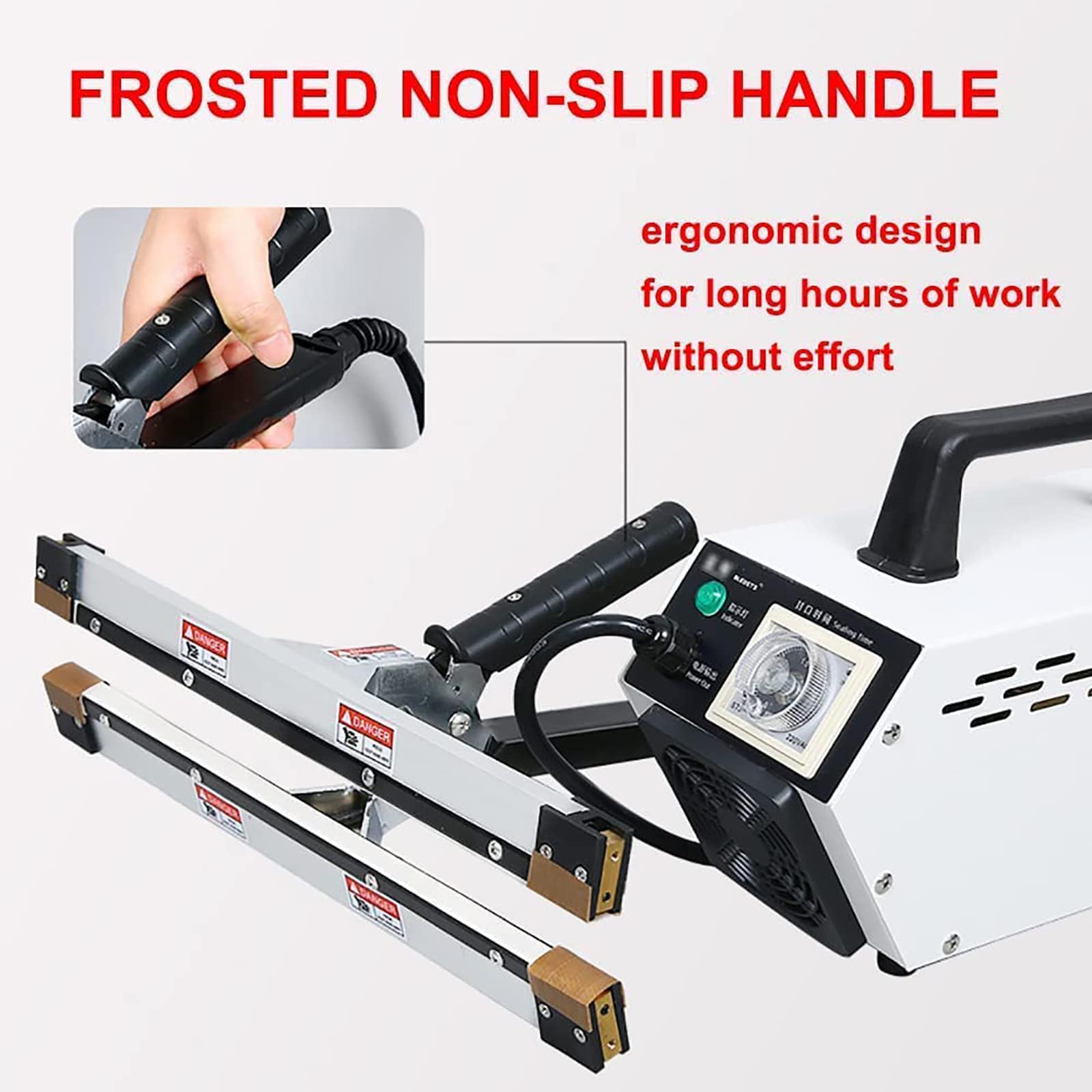 Máquina automática de sellado de abrazadera manual, sellador de plástico comercial con 6 ajustes de temperatura, longitud de sellado 605 mm, ancho 8 mm para películas de polietileno e invernadero