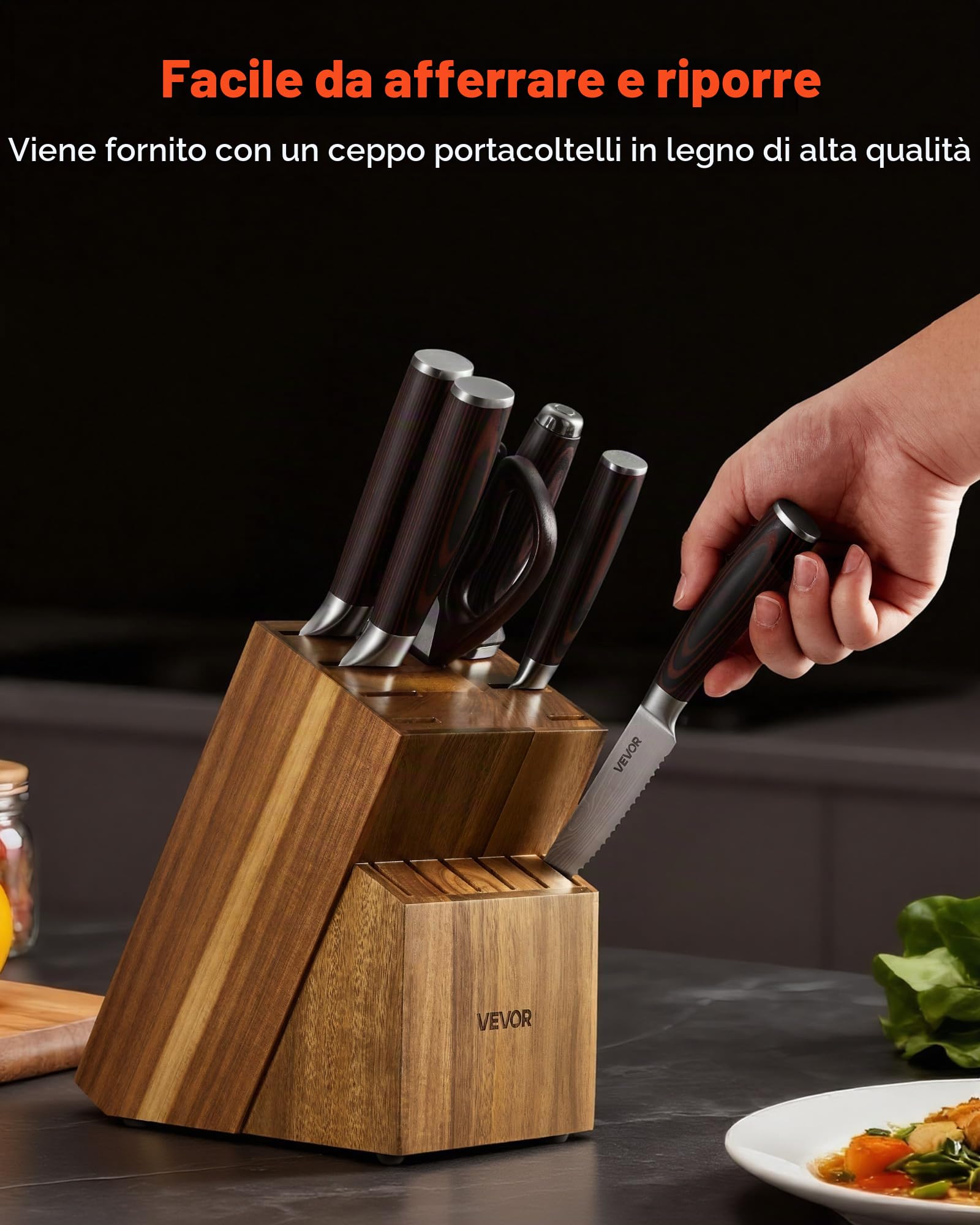 VEVOR Set Coltelli da Cucina con Ceppo e Acciaino Universale da 15 Pezzi, Coltelli Affilati in Acciaio Inossidabile ad Alto Tenore di Carbonio, Coltello da Cucina con Impugnatura Ergonomica