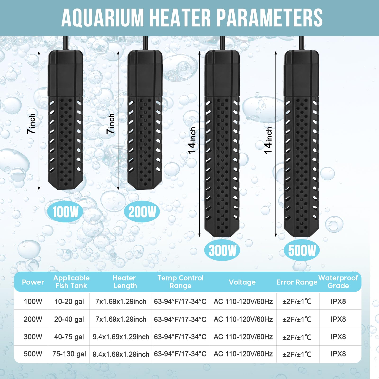 Riscaldatore per acquario, 100 W/200 W/300 W/500 W, sommergibile, con protezione da sovratemperatura e spegnimento automatico quando si lascia acqua per acqua salata e acqua dolce 320