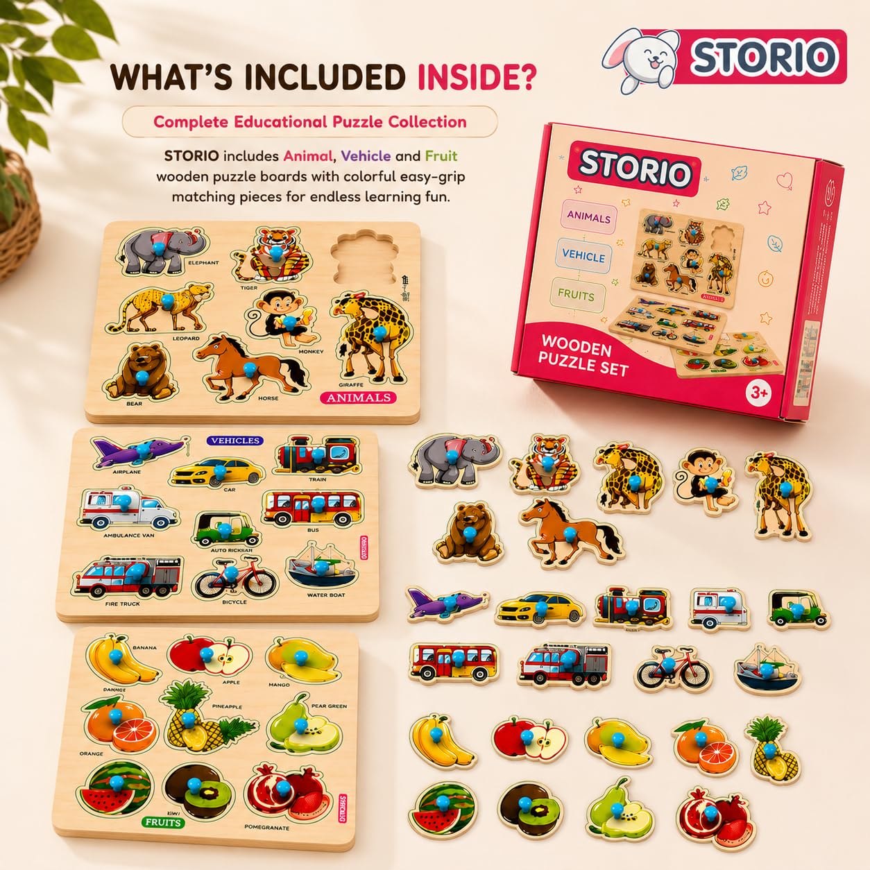 Storio Wooden Puzzle Combo Set for Kids, Vehicle Fruit & Animal Knob Puzzles, Montessori Educational Learning Toy, Fine Motor Skill Wooden Board for Toddlers Boys Girls Age 2+ Years — Amazon image 6