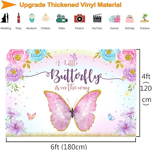 Miniatura 8 de Telón de fondo de mariposa púrpura para baby shower, fondo de fotografía de lunares dorados y flores de arcoíris rosa para niñas, decoración de baby