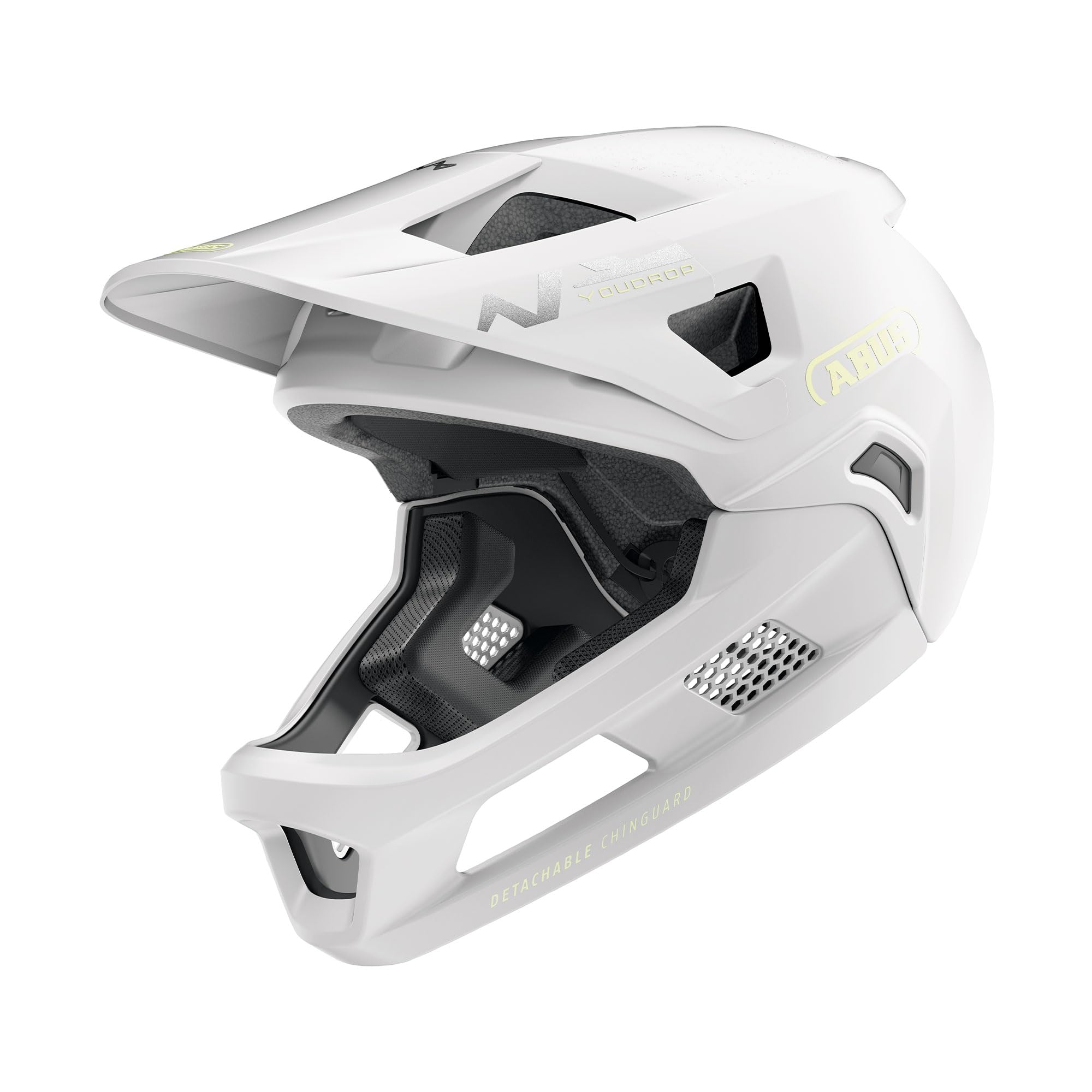 Casco ABUS MTB YouDrop FF - Casco fullface para niños y jóvenes - para iniciarse en el Ciclismo de montaña - con Protector de Barbilla extraíble - Blanco, Talla S