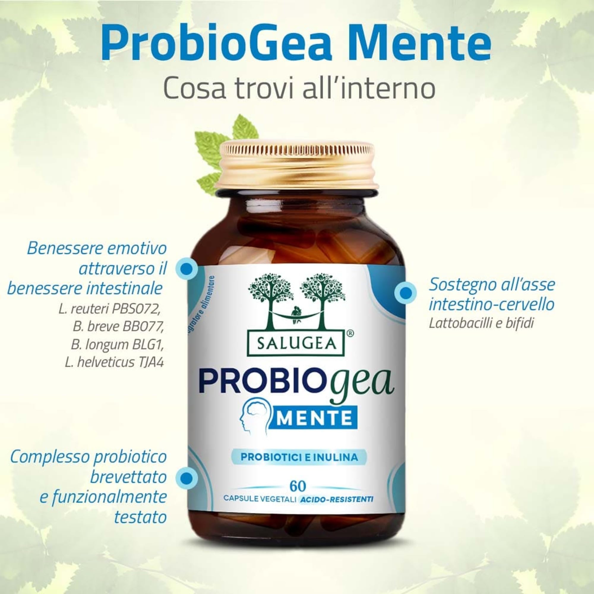 ProbioGea Mente Salugea - Probiotici e Benessere Mentale - 60 Capsule Vegetali - Flacone In Vetro Scuro