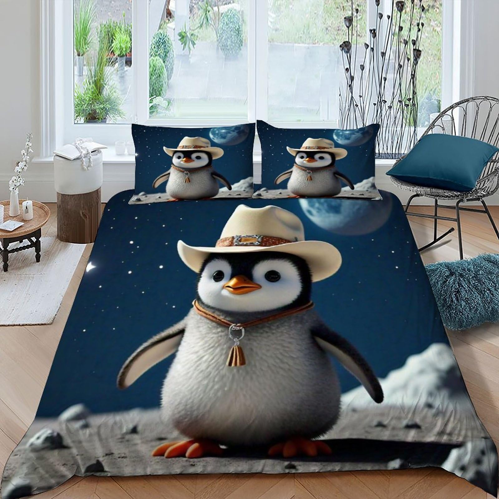Housse de couette pingouin 220x240 cm en microfibre avec taies d'oreiller