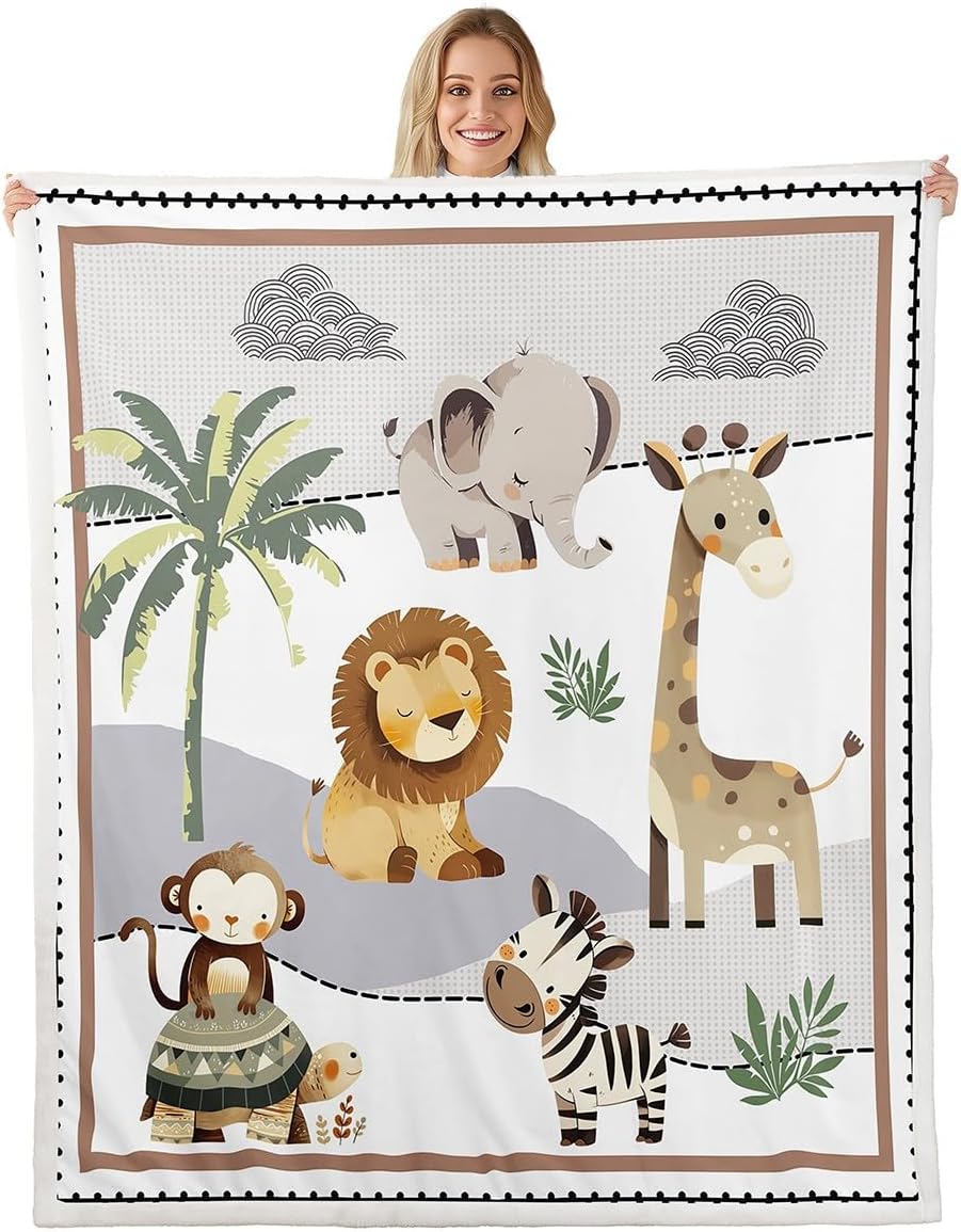 Cartoon Animal Fleece Throw Blanket Baby 30"x40" Kids Zoo Animal Sherpa Blanket Plush Fuzzy for Boys Girls Teens Wildlife for Bed Couch Chair Living Room Soft Microfiber Cute Giraffe Lion Room Decor
