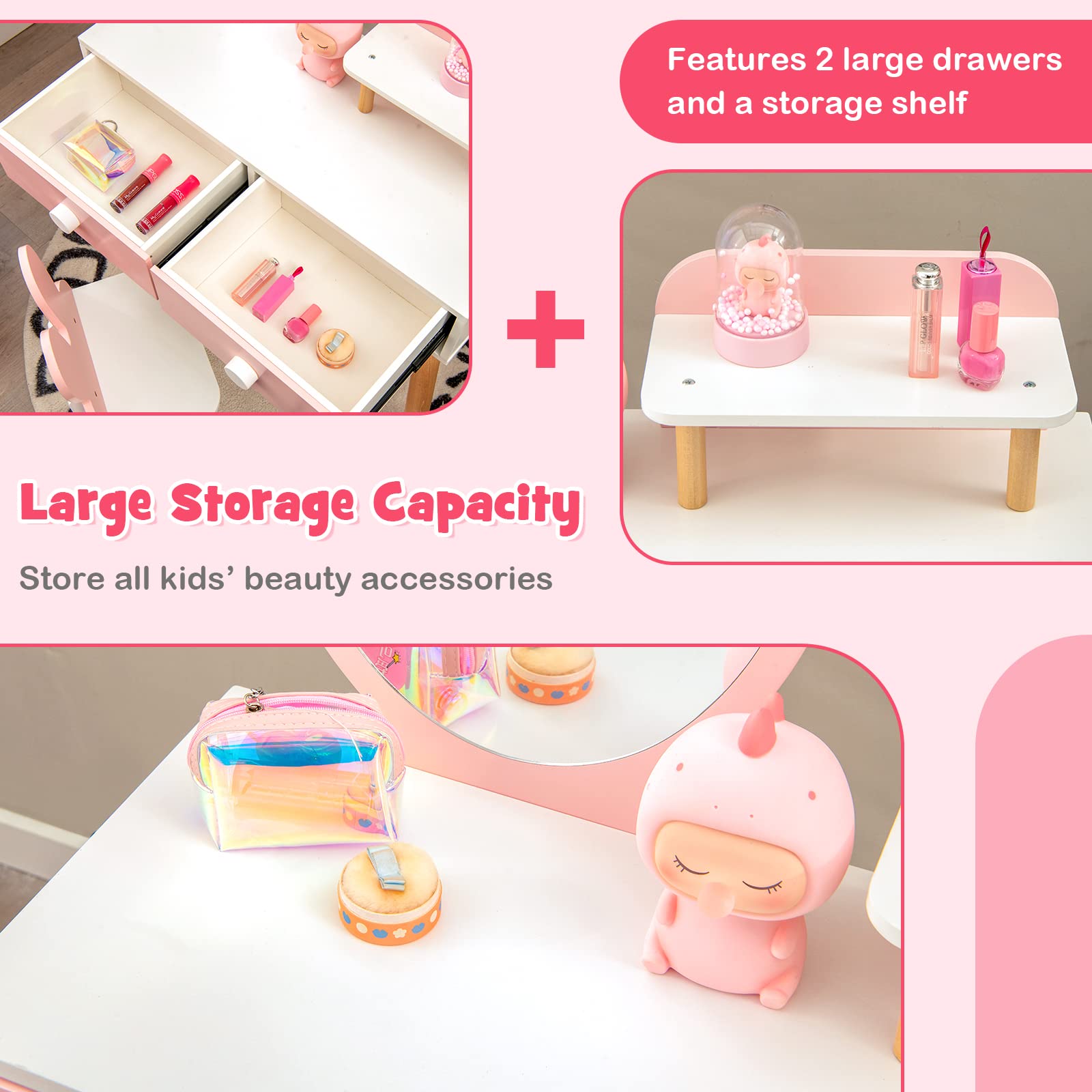 RELAX4LIFE 2 in 1 Toeletta Trucco Bambina con Specchio e Sgabello, Set Tavolo da Trucco con 2 Cassetti, Centro di Bellezza, Giocattolo da Trucco per Bambini dai 3 ai 7 Anni (Rosa)