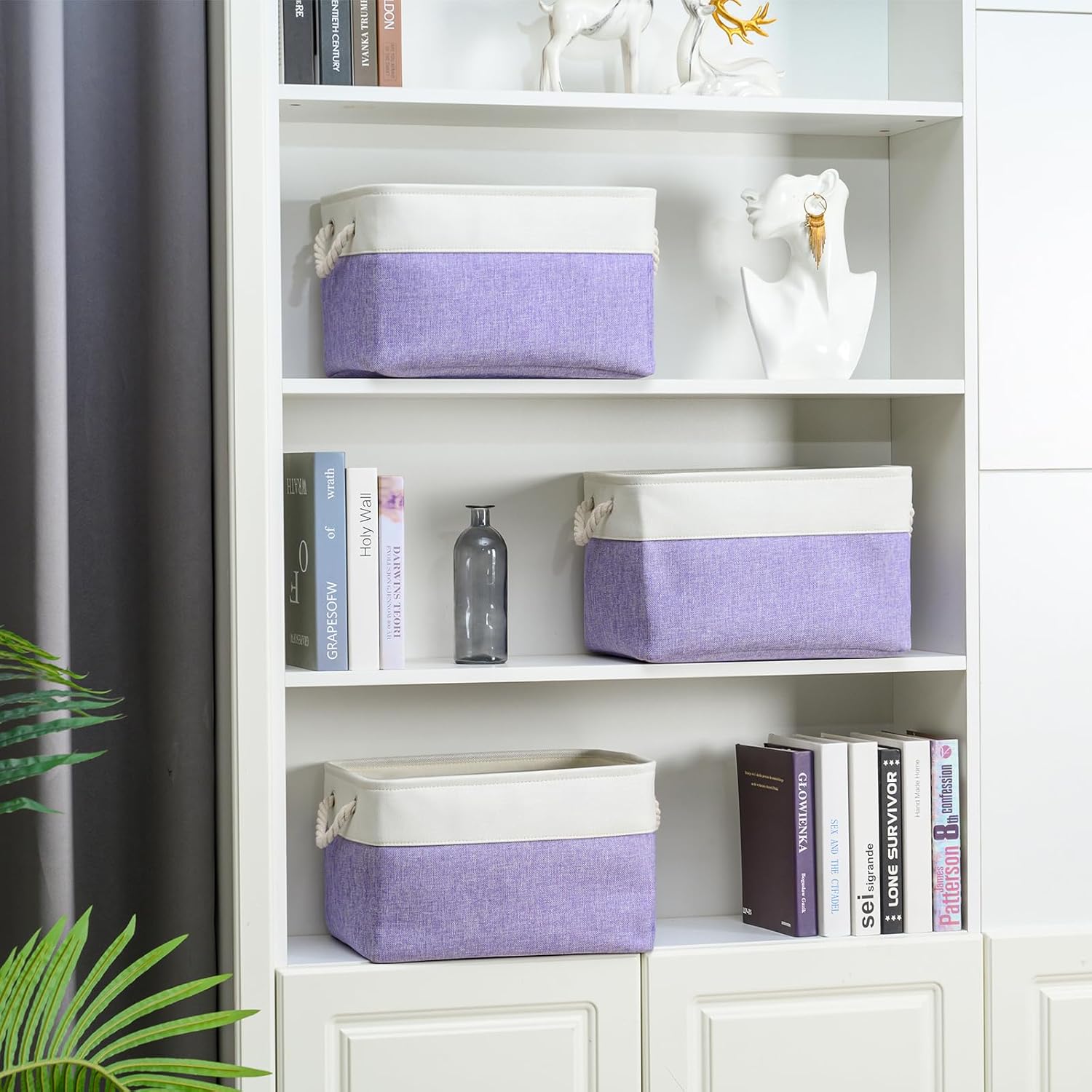 DUHEL Storage Bins 3 Pack, Fabric Storage Basket for Collapsible Medium Canvas Storage Baskets for Organizing Shelf Nursery Home Closet . (White&Purple-3PCS)