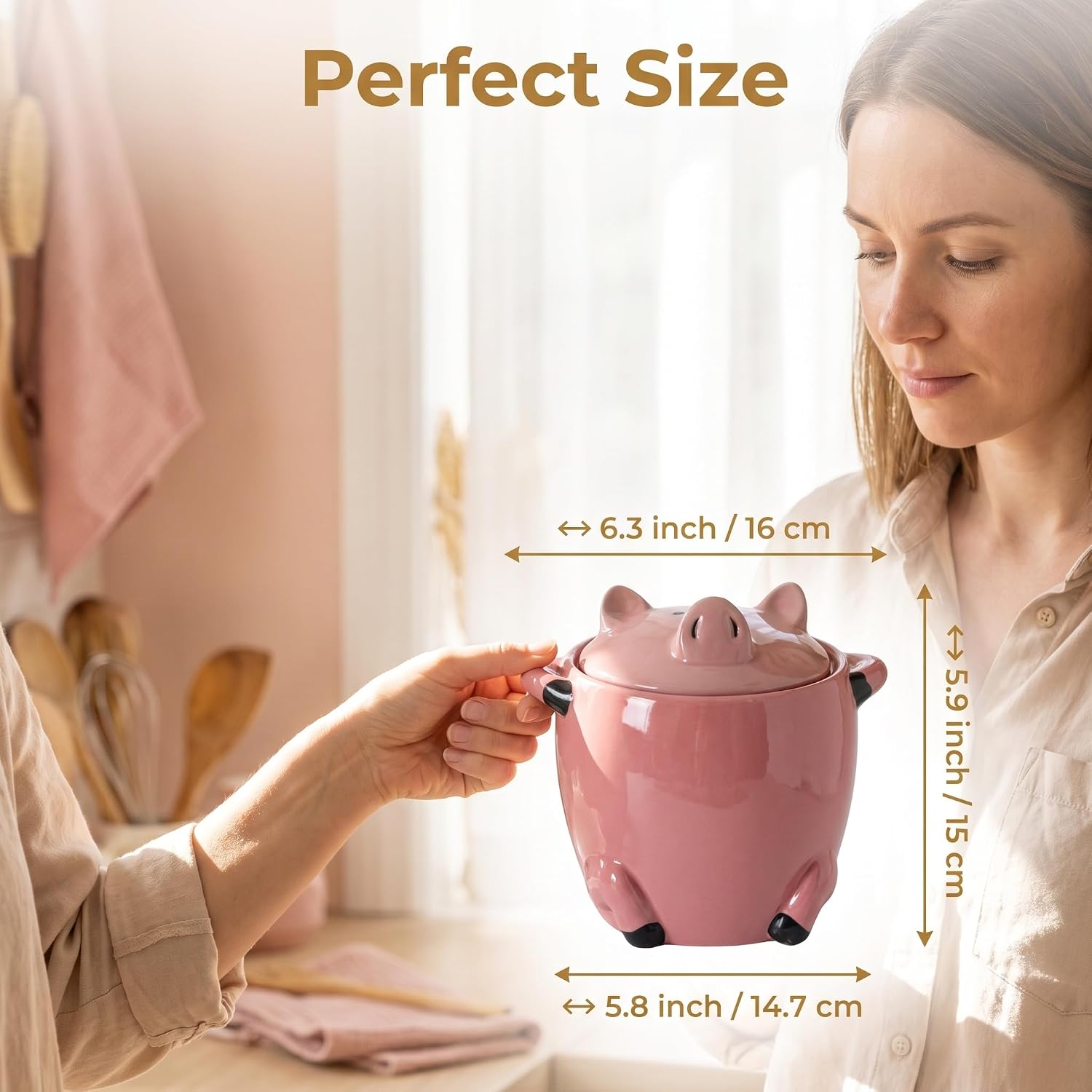Ceramic Pig Bacon Grease Container with Strainer and Lid | Cute pig-shaped ceramic grease container with removable strainer helps collect and store bacon grease in farmhouse style.