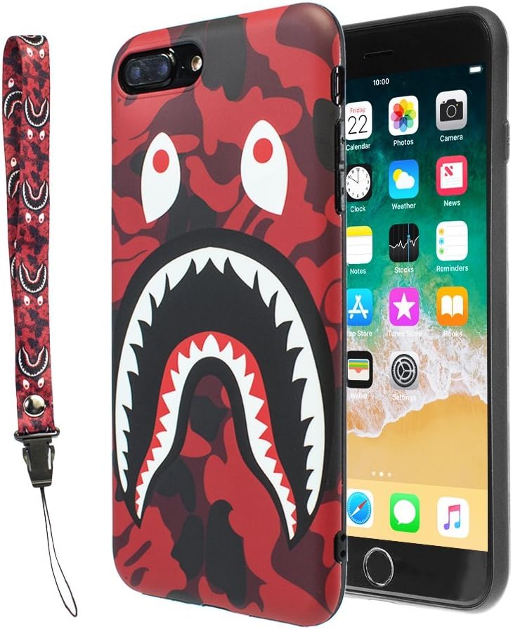 iPhone 7/8 Plus Shark Face Case Street Fashion Flexible Durable Designer Protective TPU Cover/Bumper/Skin/Cushion with Wrist Strap only for 5.5" iPhone 7 Plus / 8 Plus (Camo Red)