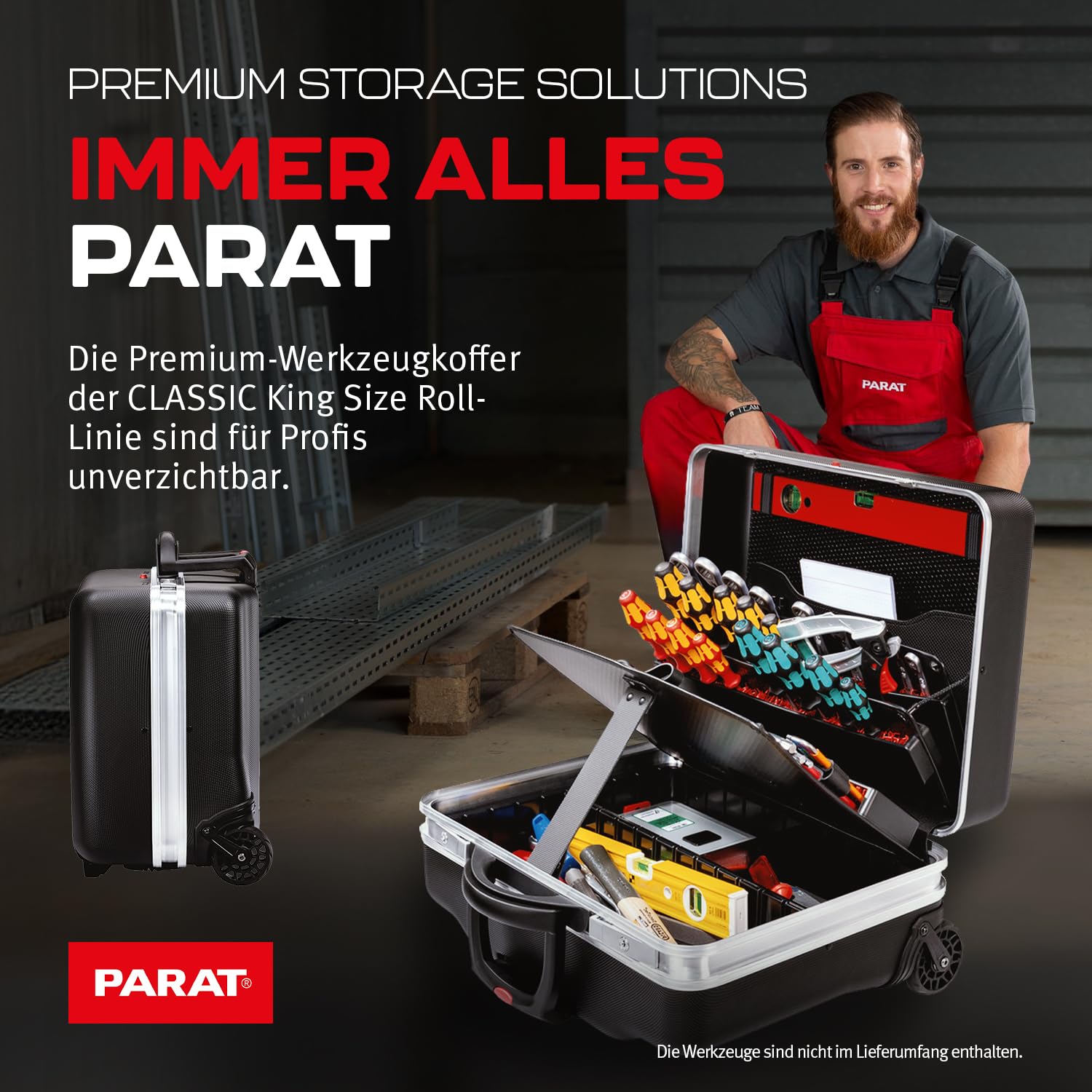 PARAT CLASSIC KingSize Roll neo CP-7 | Werkzeugkoffer leer für 60 Werkzeuge | Inkl. BASIC Roll-Up Case 8 | Rollkoffer mit CP-7 Halterungen | Bodenschale & Dokumentenfach | mit Teleskopauszug & Rollen