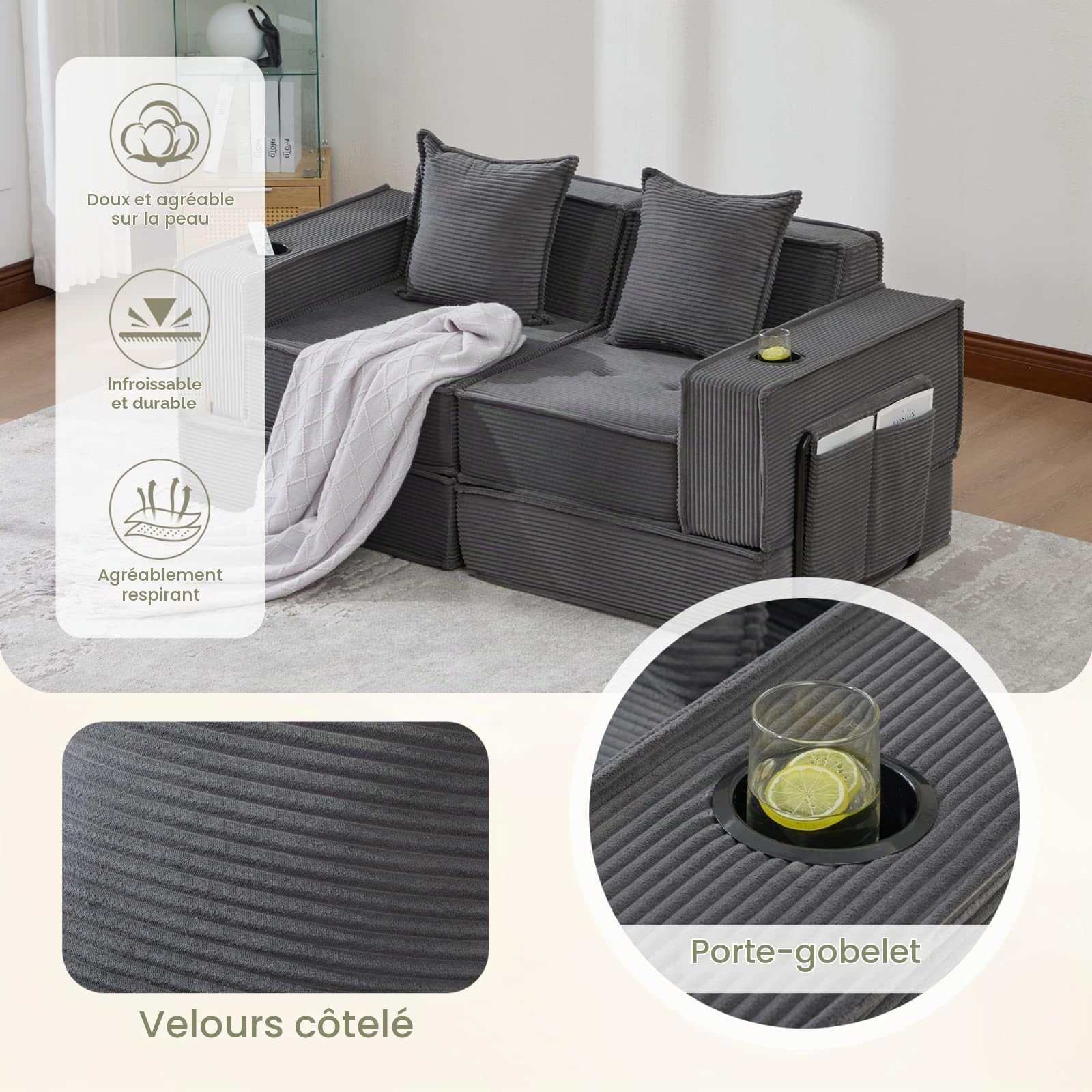 Canape 2 Places en Velours Côtelé,Canapé Lit Convertible Multifonctionnel,Design Modulable et Pliant,2 Coussins,pour Salon,Chambre,Bureau (Gris foncé-A)