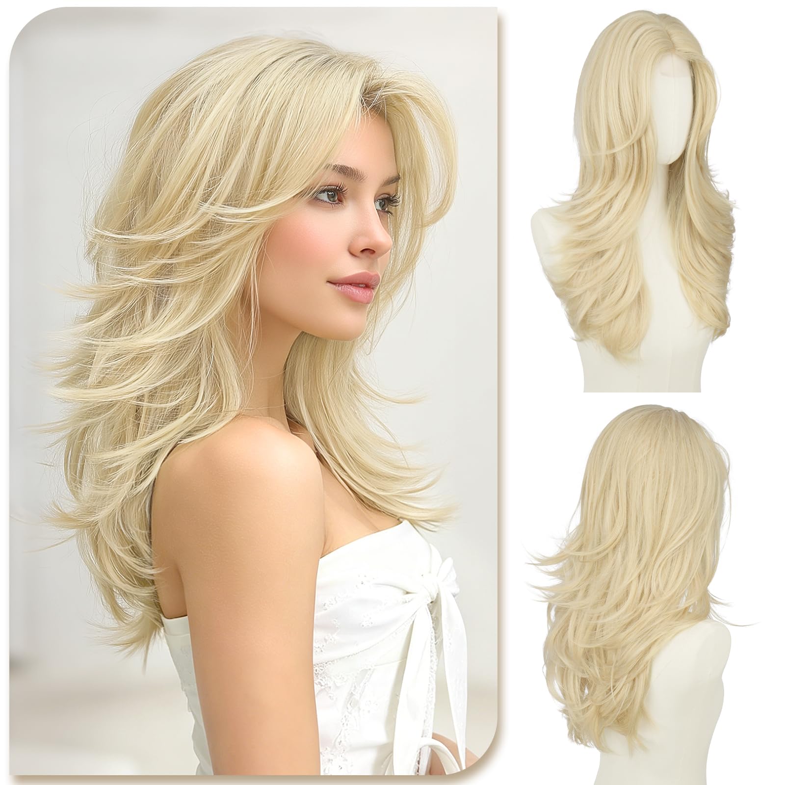 Sofeiyan Parrucche Lunghi Lisci,55 cm Biondo Chiaro Parrucca con Frange a Tenda,Layered Parrucca con Lace Front per Donna,Capelli Sintetica per Quotidiano Matrimonio Festival
