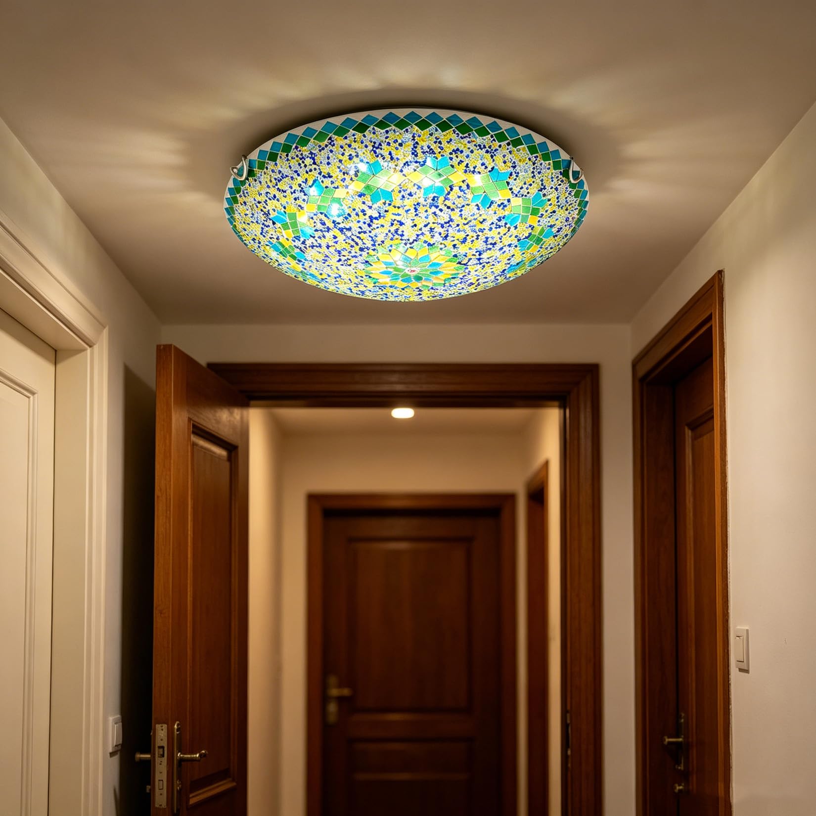 Yjmgrowing Tiffany Style Ceiling Lamp Turkish Mosaic Flush Mount Ceiling Light Handmade Moroccan Green Glass Ceiling Light Fixture for Bedroom Hallway Entryway Dining Room, E26/E27,12inch