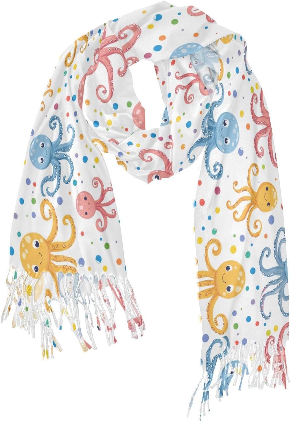 Winter Scarf for Women Cartoon Octopus Polka Dots Fashion Tassel Shawl Wraps for Women, Cold Weather Warm Womens Scarves Soft Long Scarf Gifts
