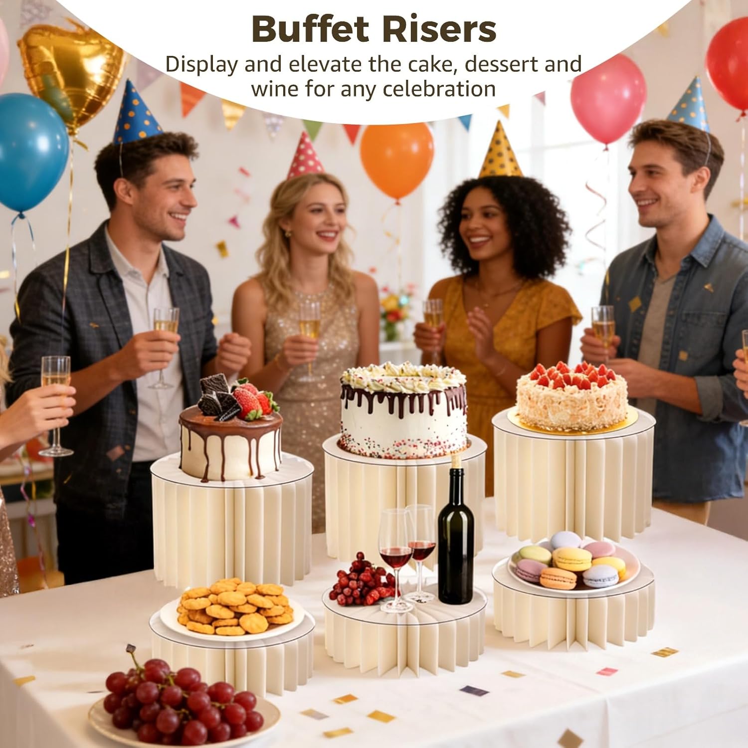 OMISTAR 6 Pcs Cream Buffet Risers Paper Columns Set, 11.8 x 4 in & 11.8 x 7.8 in Foldable Cake Display Stands, Honeycomb Structure Dessert Table Decoration for Wedding, Parties