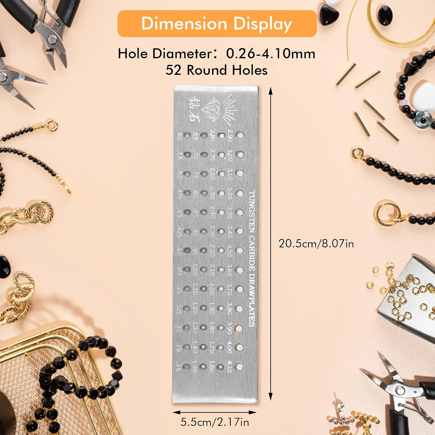 Estink Jewelry Wire Drawplate, Steel 52 Round Holes 0.26-4.10mm Tungsten Carbide Portable Wire Drawing Plate Round Draw Plate Jewelry Making Tools for Jewelry Line Production Jewelry Processing