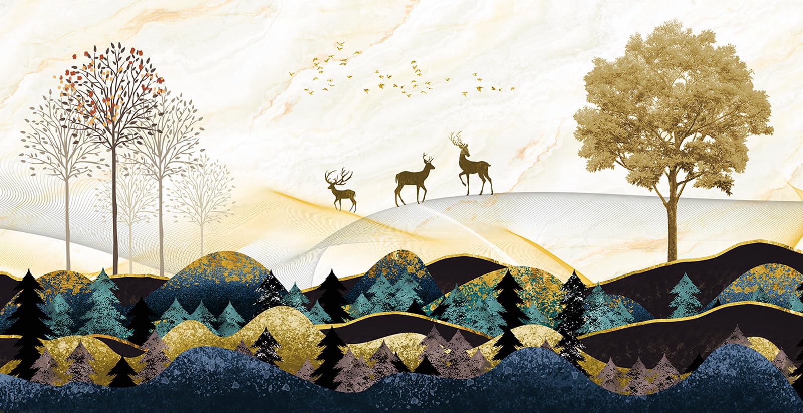 Papier peint panoramique Forêt Cerfs Lumalea XXL grand format pour salon