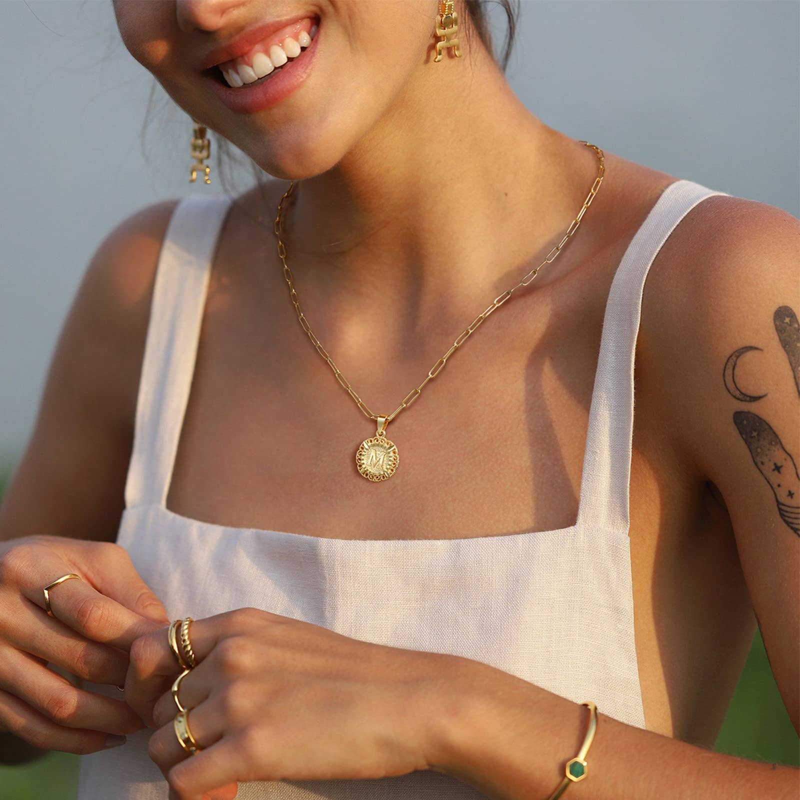 KissYan Layered Initial Necklaces for Women, 14K Gold Plated Hexagon Letter Pendant Silver Chain Dainty Layering White Gold Paperclip Link Adjustable Capital A-Z Choker Necklace Trendy Jewelry Gifts