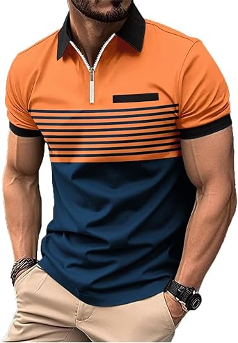 Mens Polo Shirts Quarter Zipper Striped Short Sleeve Tees Color Block Casual Golf T-Shirts Classic Fit Basic Tops