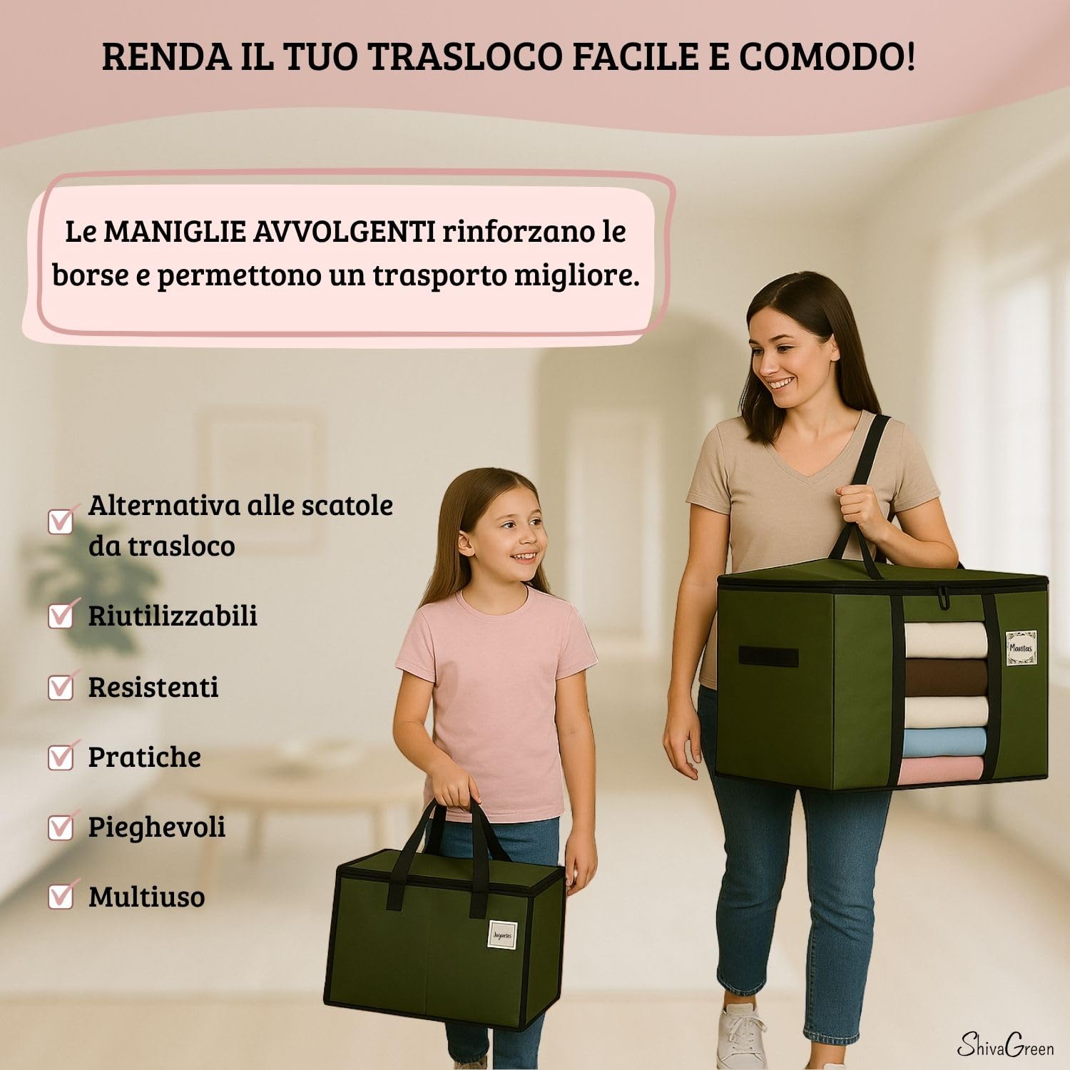 Borse Trasloco Set 4+2 (4 Grandi + 2 Piccole) – Resistenti con Cerniera Doppia e Manici Rinforzati – Impermeabili, Pieghevoli e Riutilizzabili – Alternativa agli Scatoloni per Trasloco
