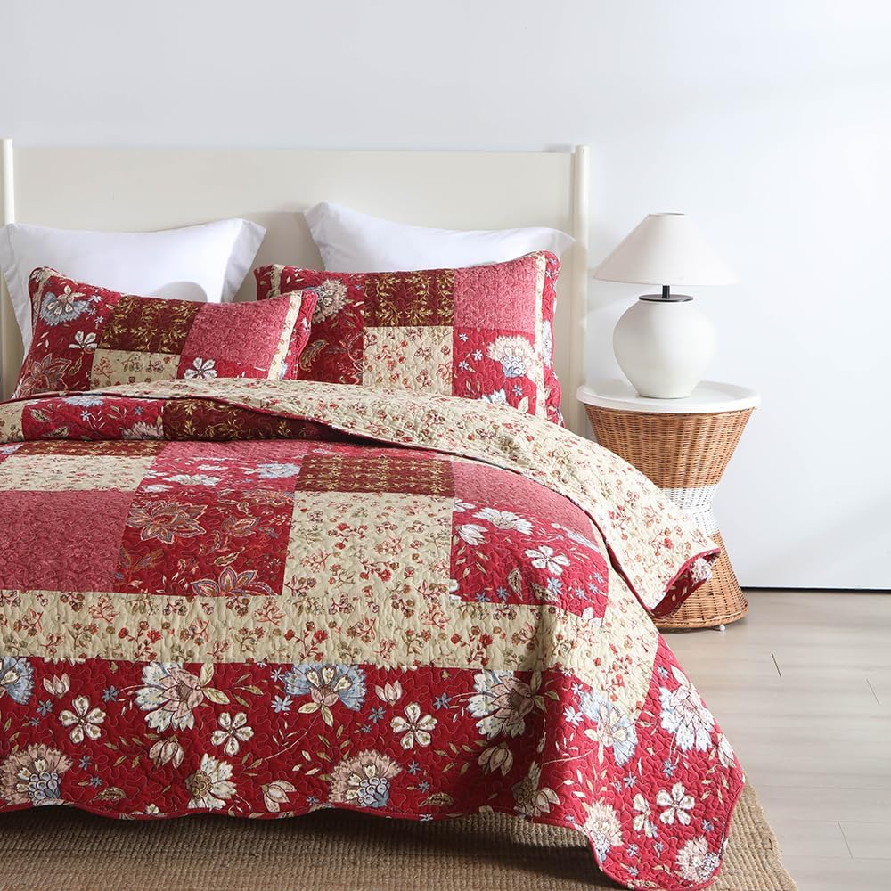 Cotton Bedspread Quilt Bedding Sets 3 Pieces Reversible Coverlet Sets Comforters Vintage Floral Patchwork Purple Red Bedspread, Queen Size - Image 3