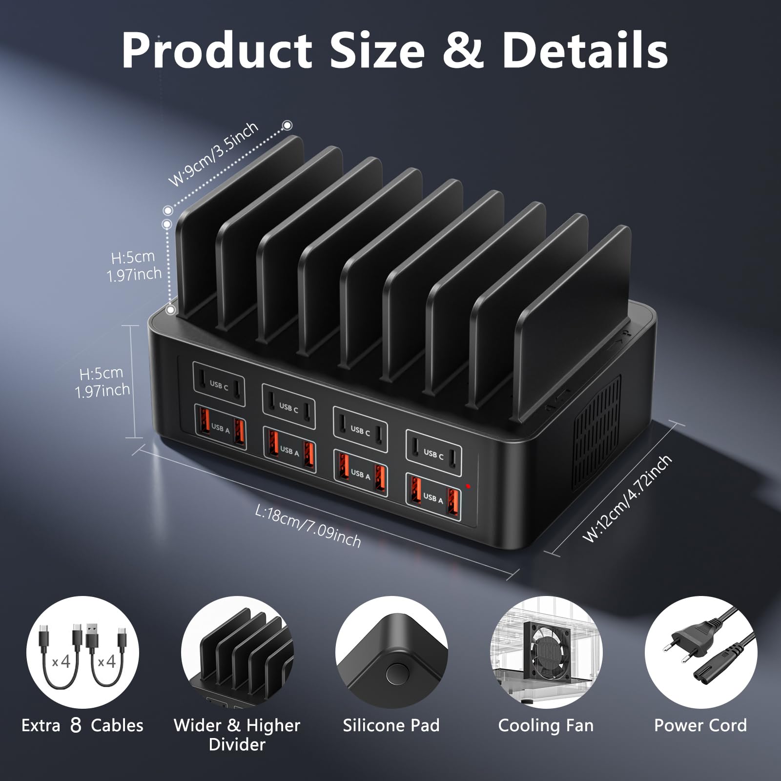 150W 16-portowa Stacja ładująca USB, ładowarka, z regulowanym, zdejmowanym separatorem, koncentratorem zasilacza USBC, kompatybilna z iPhone 16/15, Samsung Galaxy S25/S24, Google/tableta/innymi