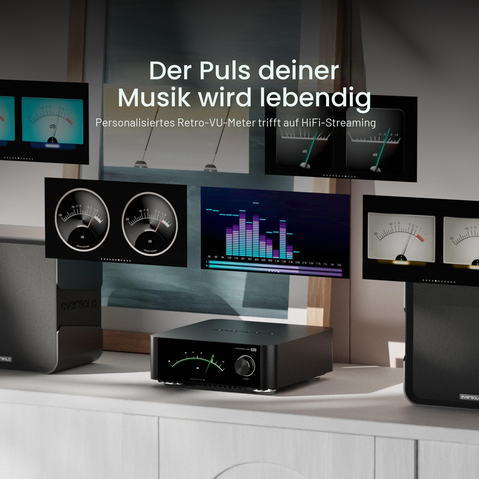 EVERSOLO Play All-in-One Musik-Streamer mit Verstärker | 5,5-Zoll-Touchscreen, unterstützt Multi Room & Room Correction, Stream Tidal, Qobuz, Amazon Music & More | Schwarz (Standard Edition)