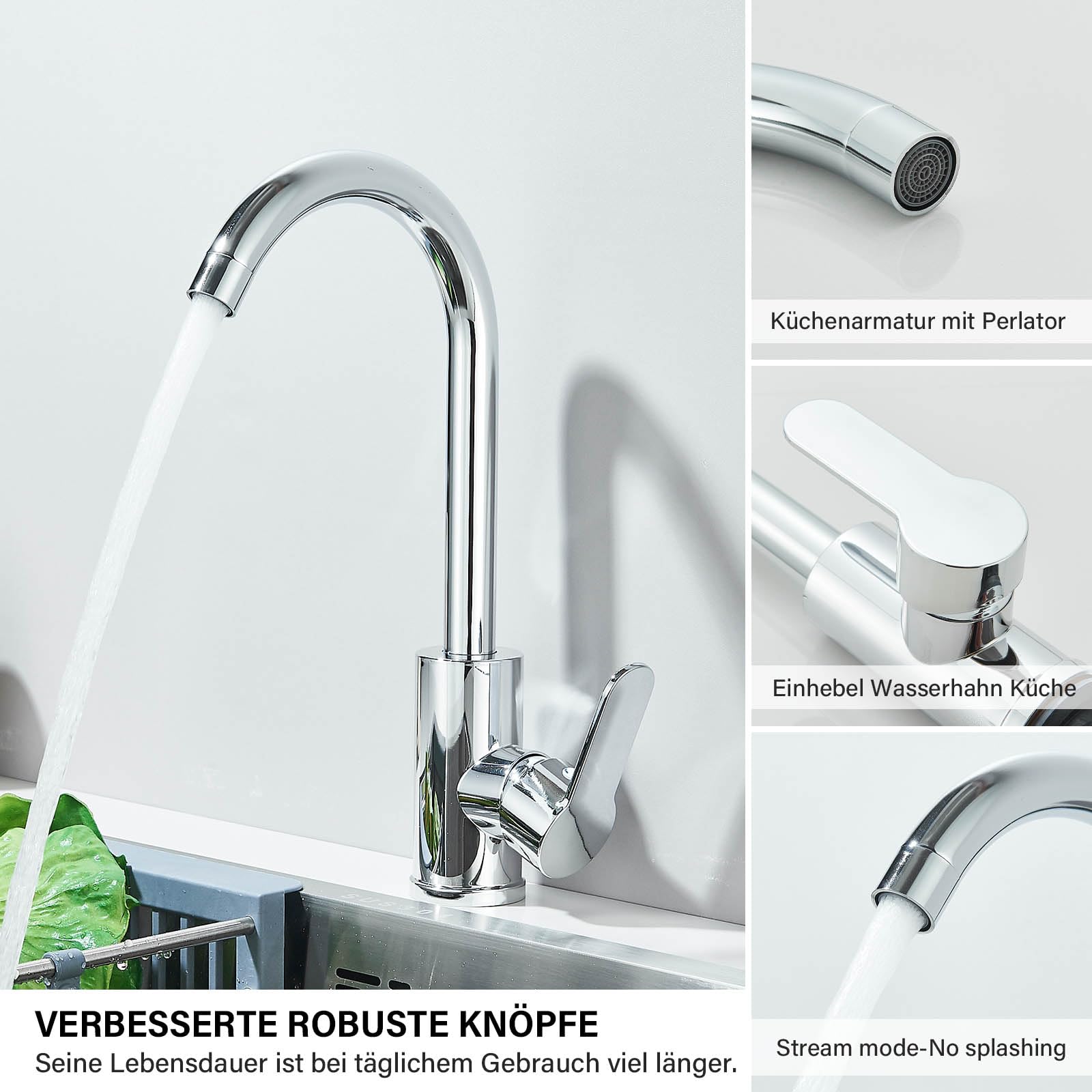 Wasserhahn Küche Küchenarmatur mit Einhebelmische 360° Drehung Hochdruck Spültischarmatur Mischbatterie Küche Edelstahl Küchenarmatur mit Hoher Auslauf, Chrom