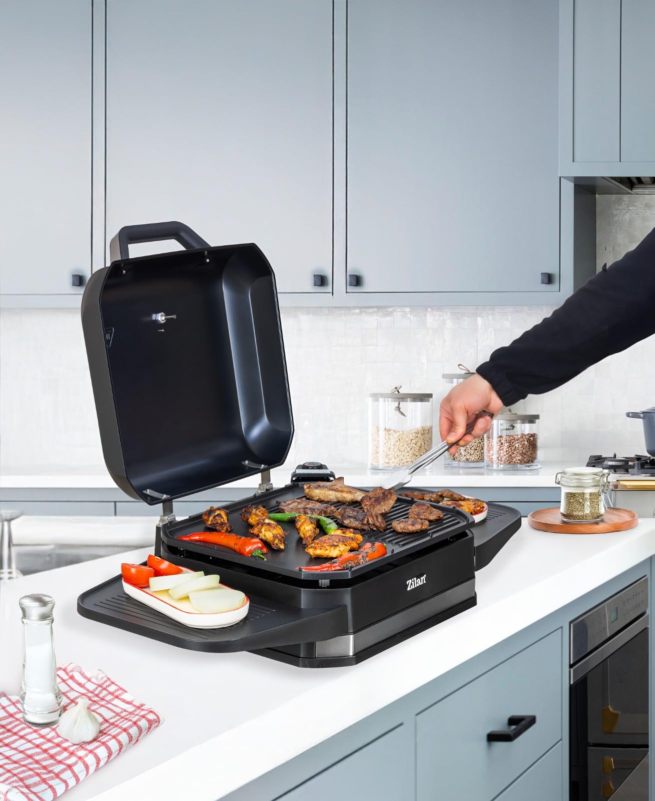 2in1 Elektrogrill Standgrill Tischgrill elektrisch 3.050 Watt - Elektro Grill für Balkon, Draußen mit Standfuß große Grillfäche Stufenloser Temperaturregler elektrischer BBQ Grill