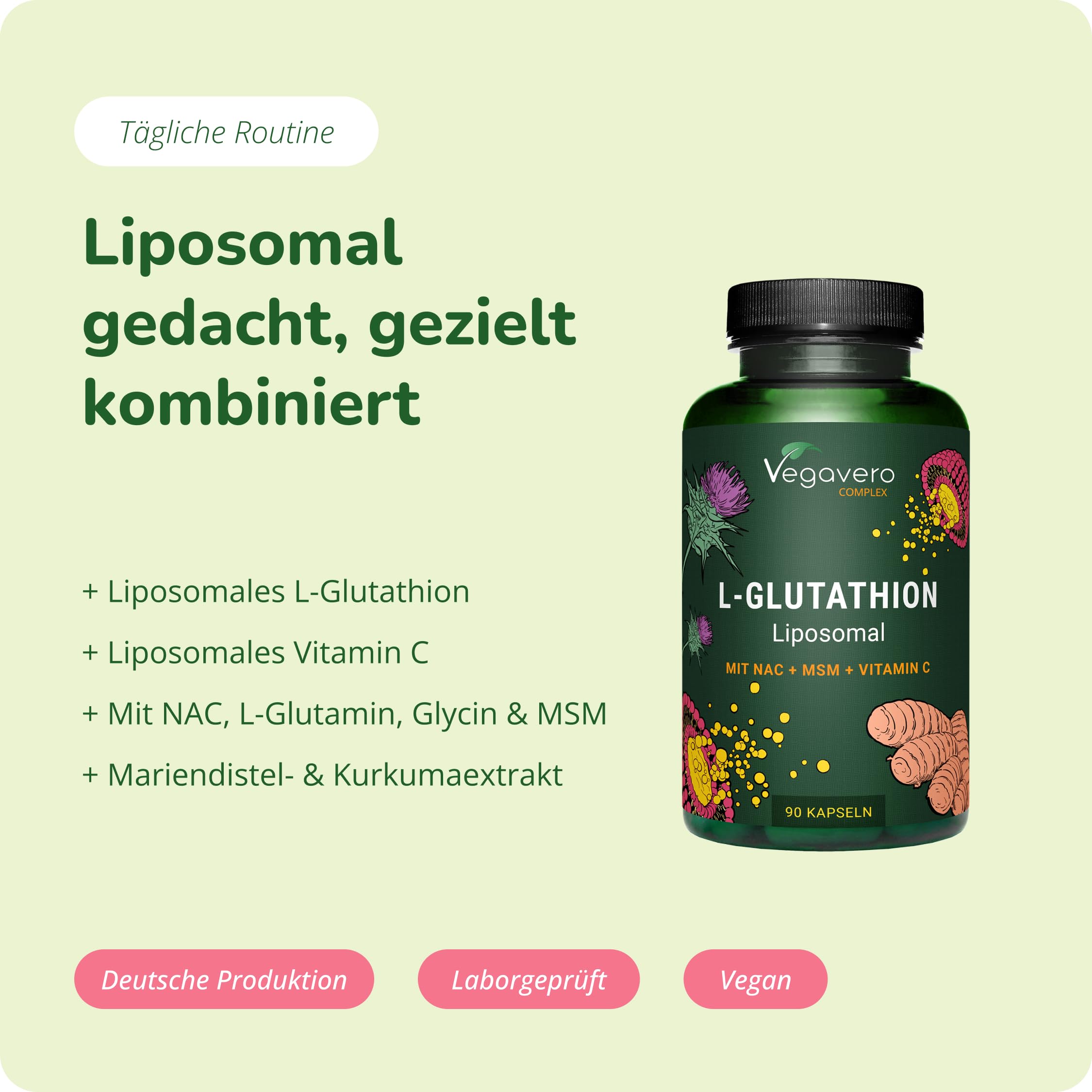 Vegavero L-Glutathione Complex 90 Capsules - Liposomal Reduced  L-Glutathione with NAC, Glycine, L-Glutamine & Liposomal Vitamin C