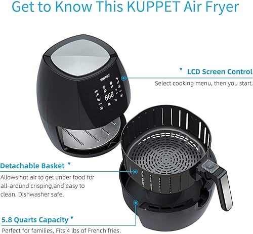 Miniatura 7 de Freidora de aire de 5.8 cuartos de galón 1700W, pantalla táctil, fácil limpieza, temporizador, 1700W - Negro