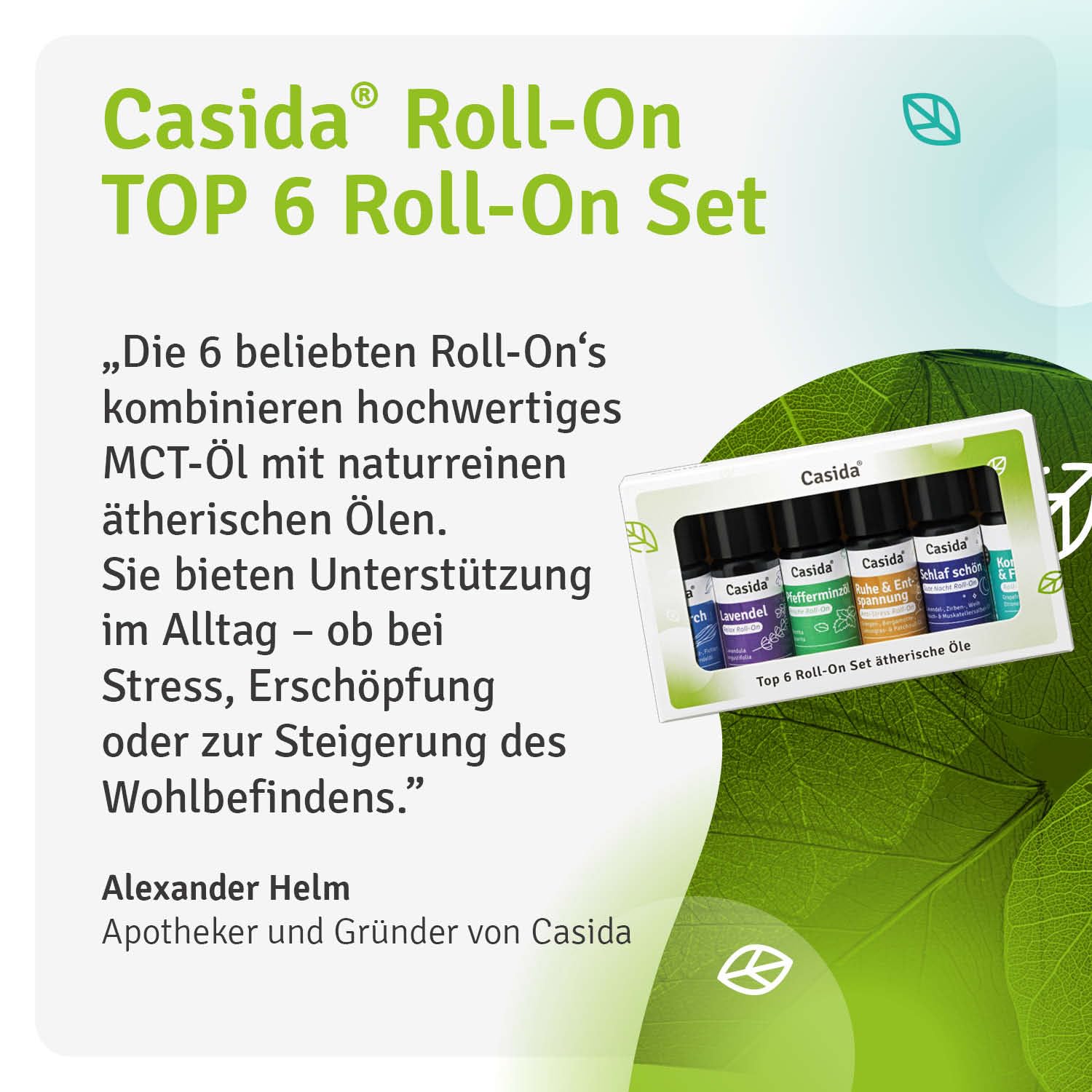 Casida Roll On Top 6 Set - 6 Duft Roll Ons mit naturreinen ätherischen Öle - verdünnt mit Kokosöl- Duftöl, Aromaöl- ideal für Aromatherapie und unterwegs - 6x10ml