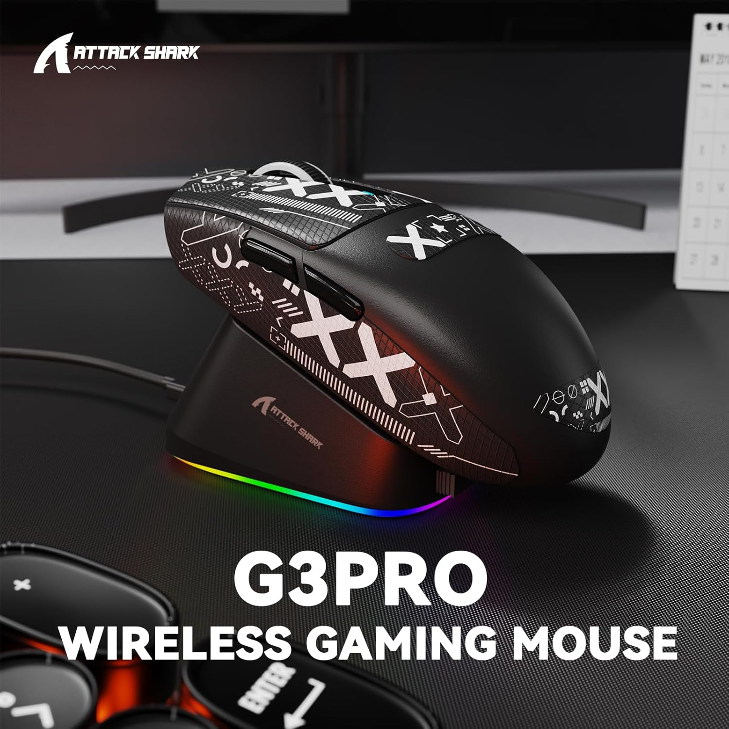 ATTACK SHARK G3PRO Wireless Gaming Mouse with RGB Magnetic Charging Dock, Tri-Mode-2.4G/USB-C Wired/BT,25K DPI,PAW3311 Optical Sensor,59g Ultra Lightweight,Slip Grip Tape for PC/Mac(Black)