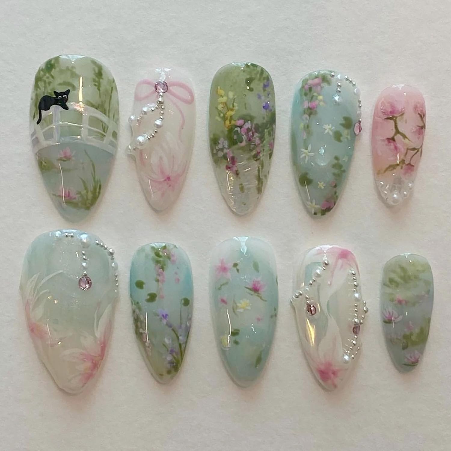 Handmade Press on Nails - Cute Cat Floral Design