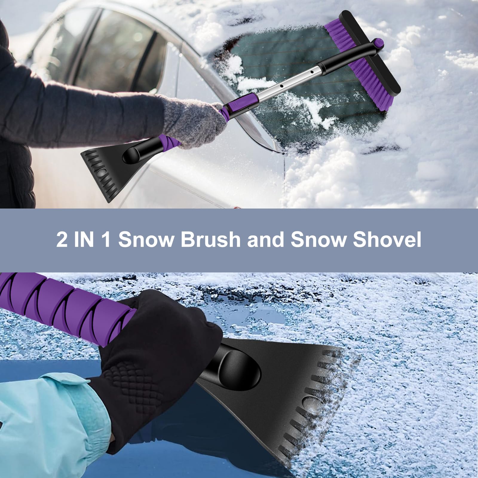 Odoland Ensemble de Grattoirs à Neige Détachable et Rétractable pour Auto, 2 en 1 Grattoirs à Glace et Brosse à Neige Pivotante à 360°, Extensible de 66cm à 84cm, Outil de Déneigement pour Voiture