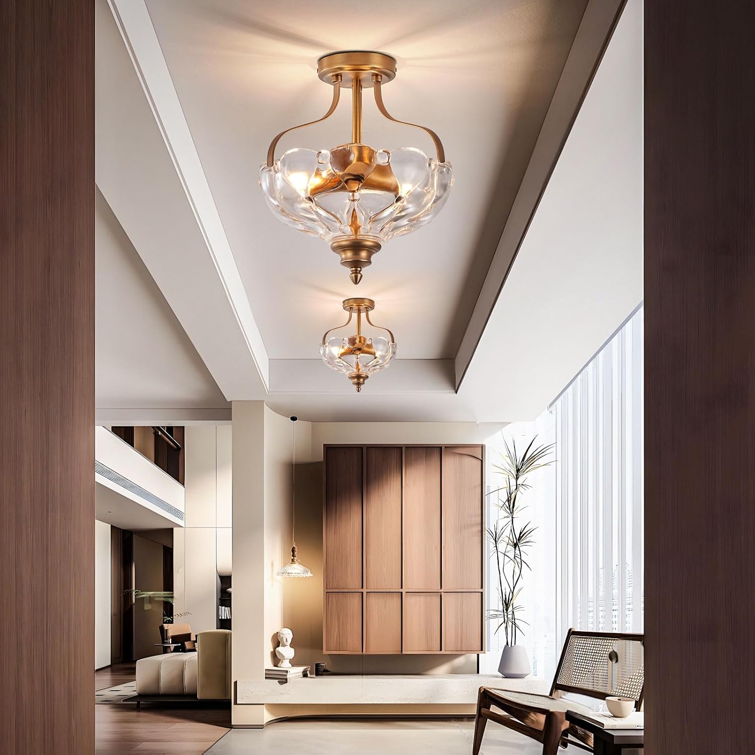 Vintage Semi Flush Mount Ceiling Light, 2-Bulb Brass Glass Close to Ceiling Light, Indoor Hanging Light for Bedroom Kitchen Porch Hallway,Bulbs Not Included