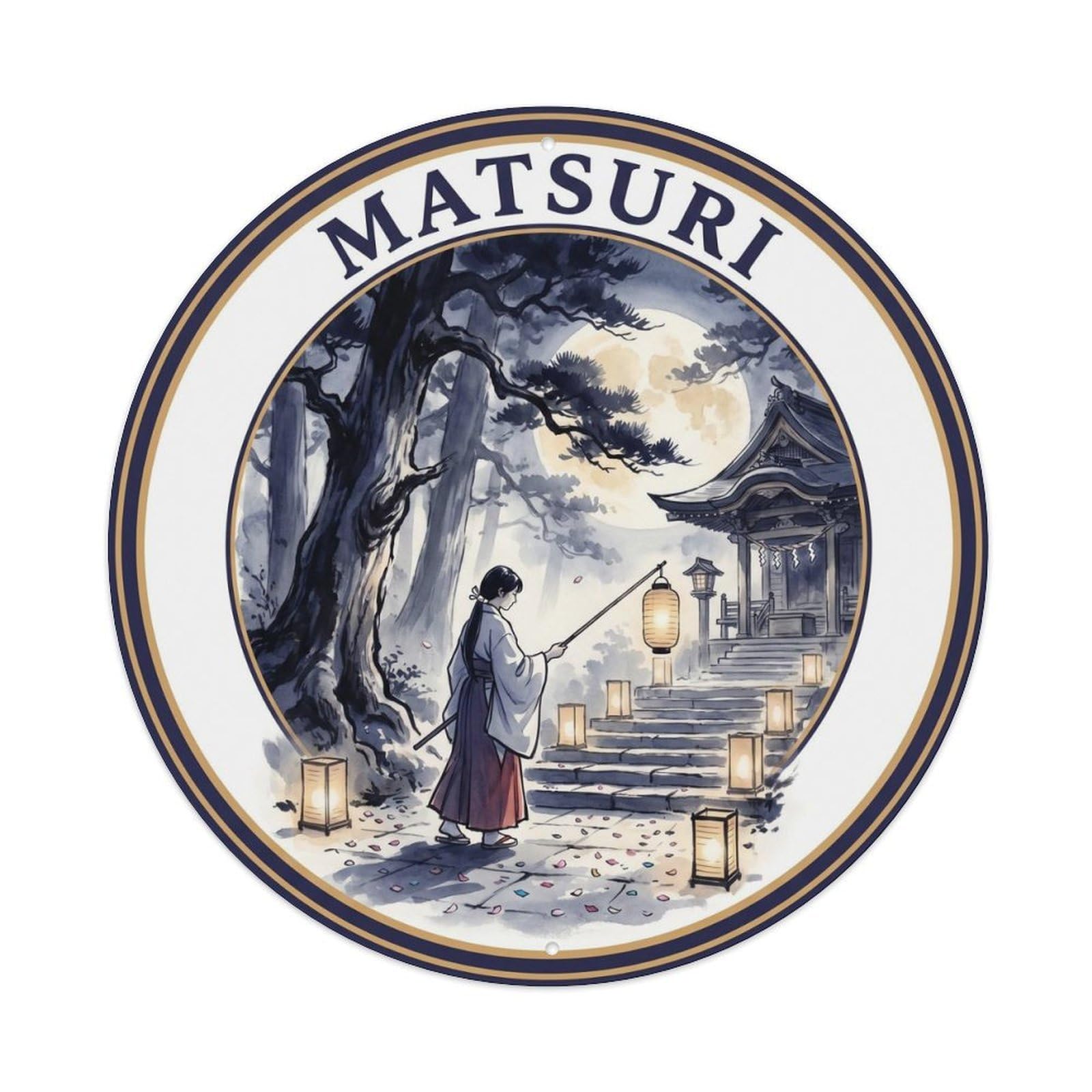 Olyhtr 8X8inch Classic Style Matsuri End Night Shrine Ink Wash Moonlight Metal Tin Sign