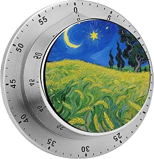 Stainless Steel Wheat Fields Under The Stars and Moon Printed Mechanical Timer - No Battery Required, Magnetic Loud Alarm Clock, Suitable for Travel and Office, Gym