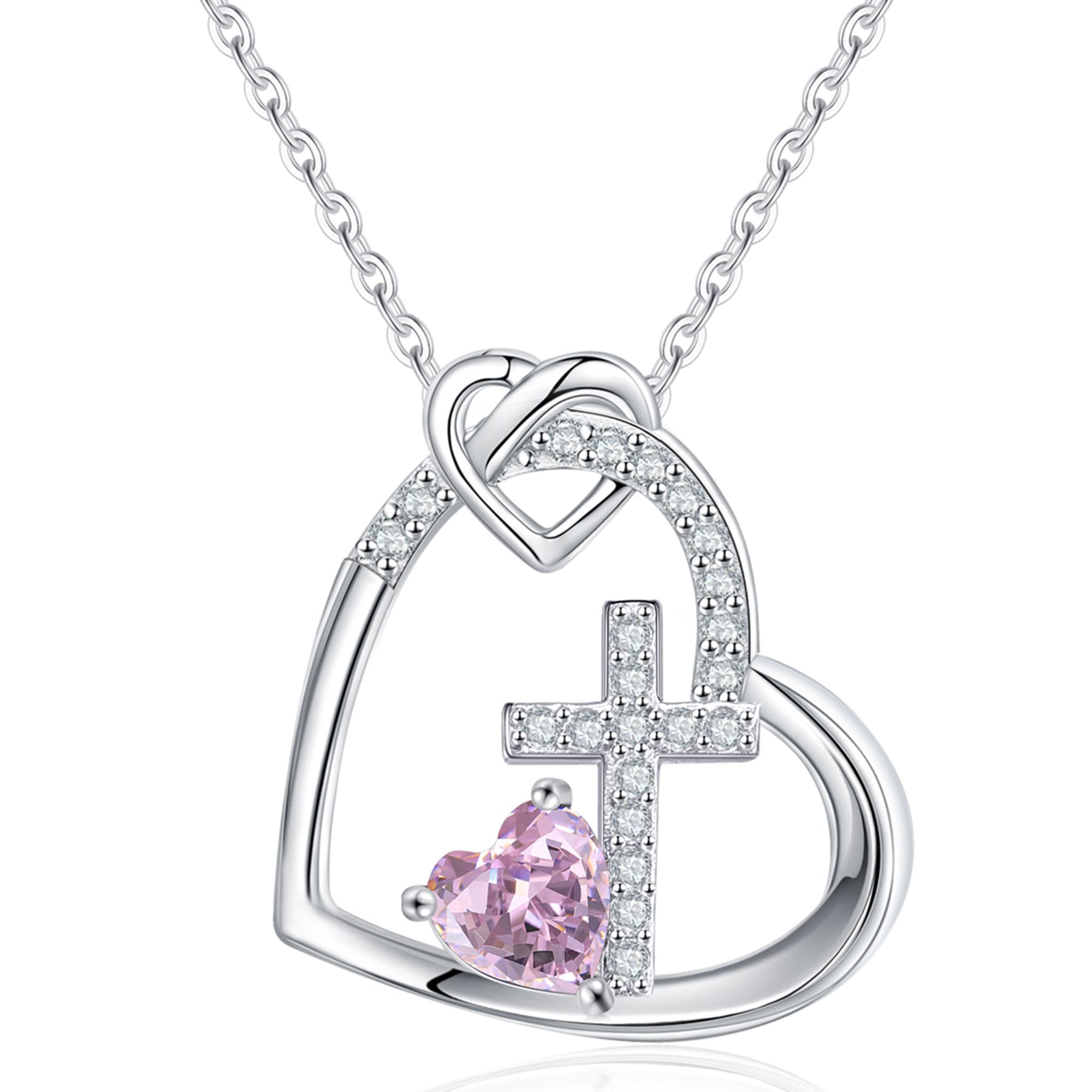 JSJOYCross Necklace Christian Gifts for Women Heart Birthstone Necklace Religious Birthday Gifts for Mom Daughter Christmas Stocking Stuffers Baptism Confirmation Gifts for Teen Girls