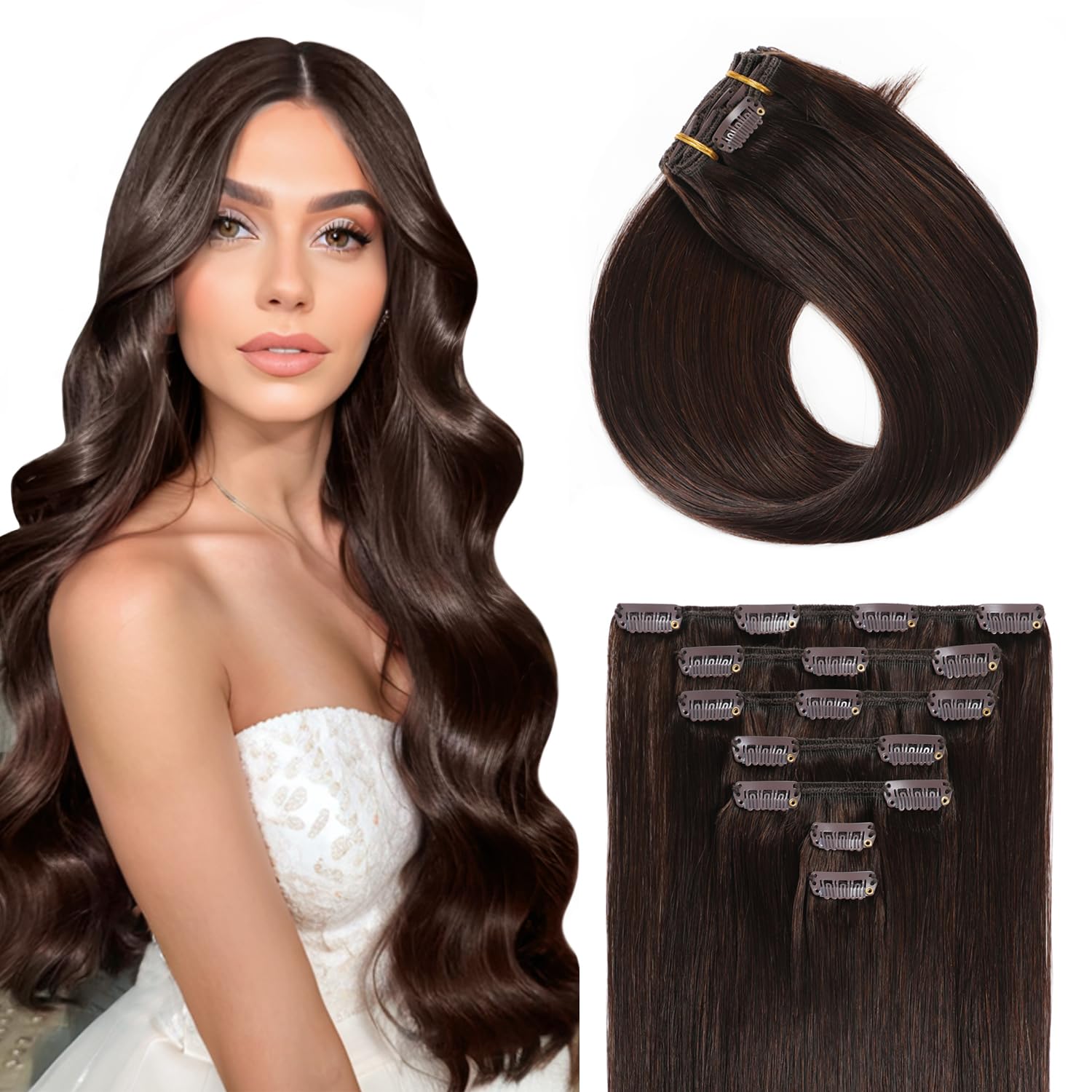 YILITE Clip in Hair Extensions - 20 Inch 80g 7pcs #2 Dark Brown Real Human Hair - Soft Double Weft Straight for Women 16 Clips/Pack