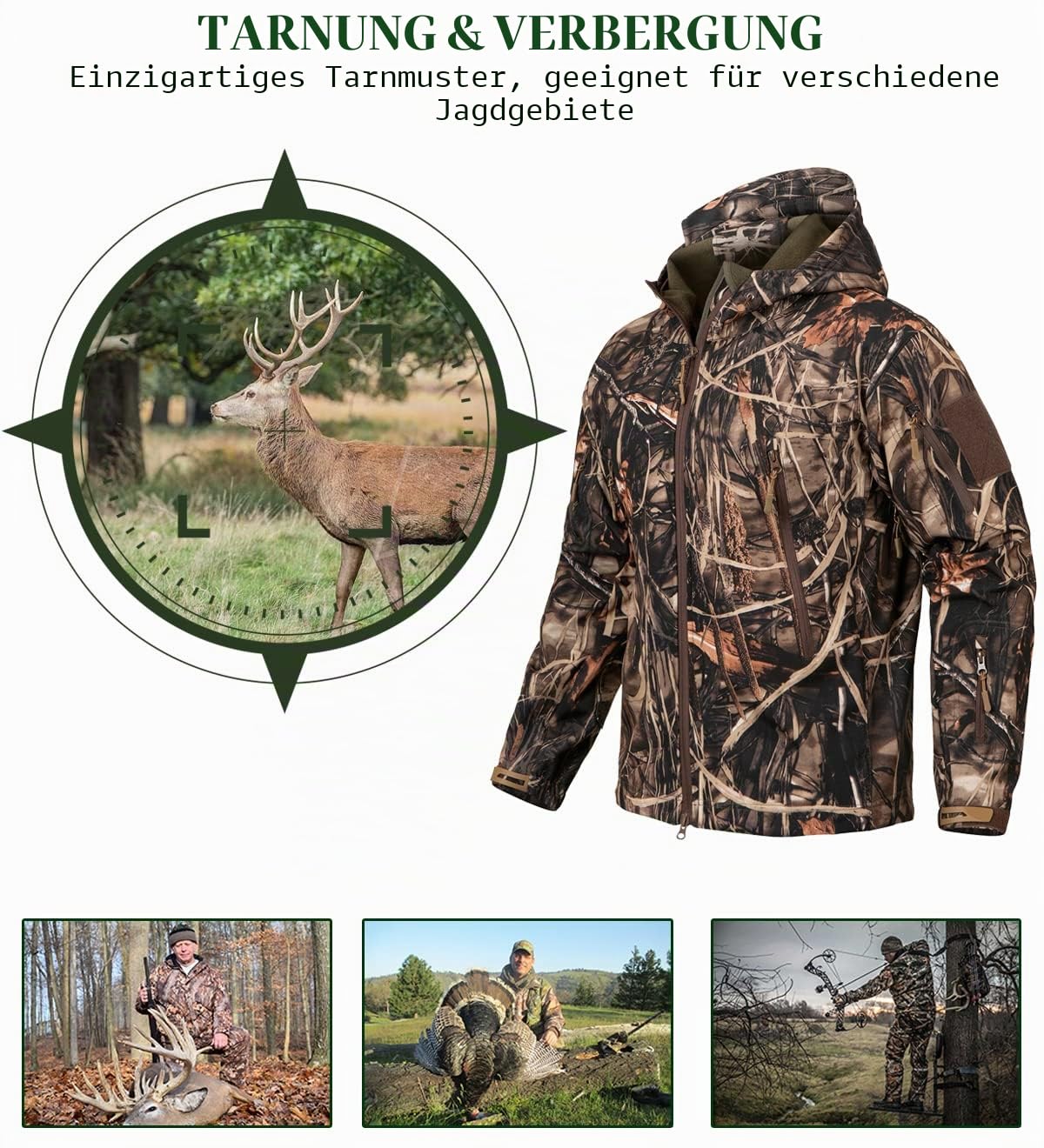 CARWORNIC Herren Real Tree Tarnjacke Outdoor Jagd Softshelljacke Wasserdichte Militär Taktische Jacke Fleece Kapuzenjacke