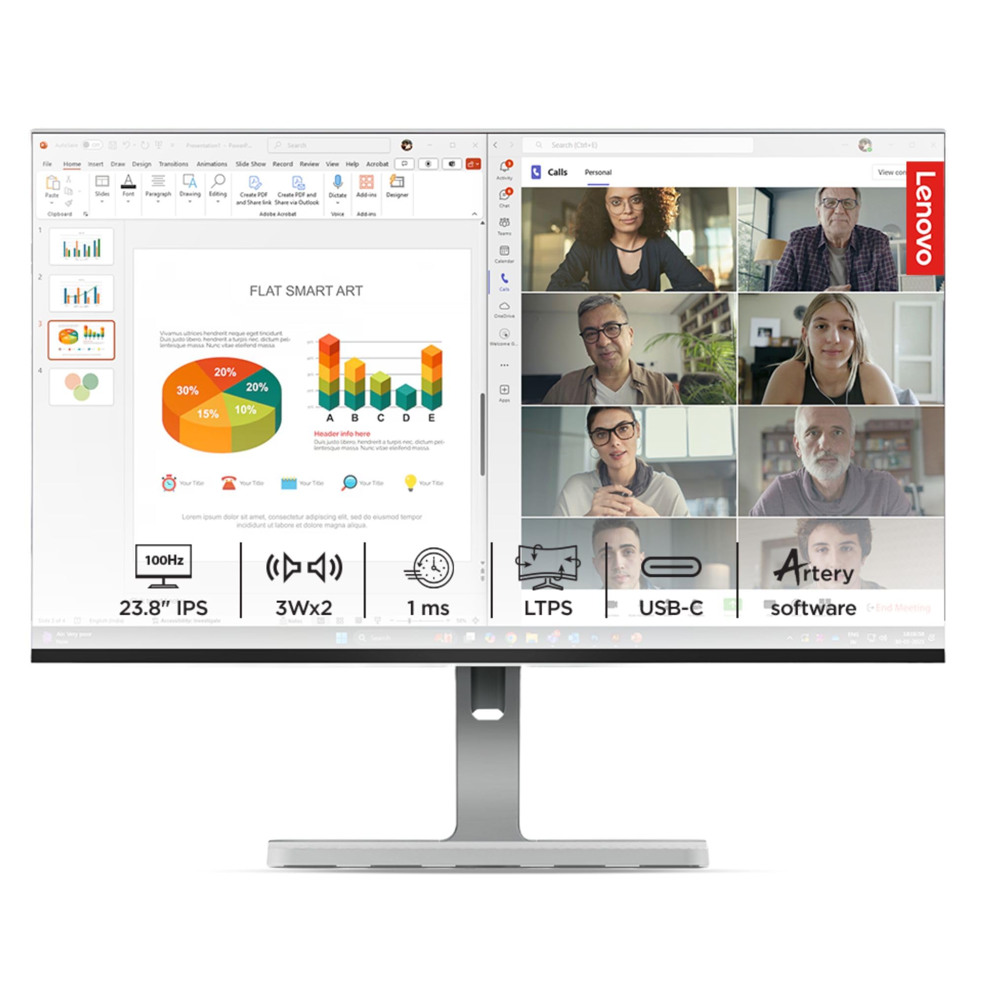 Lenovo L-Series 24 inch (60.4cm) FHD IPS Monitor| 100Hz, 1ms, FreeSync, 3Wx2 Speakers, 4xUSB-A, 1xUSB-C, 1x HDMI, PD-45W, Tilt, Swivel,Pivot Height Adjust Stand: for Home & Office use, Grey, L24m-4A