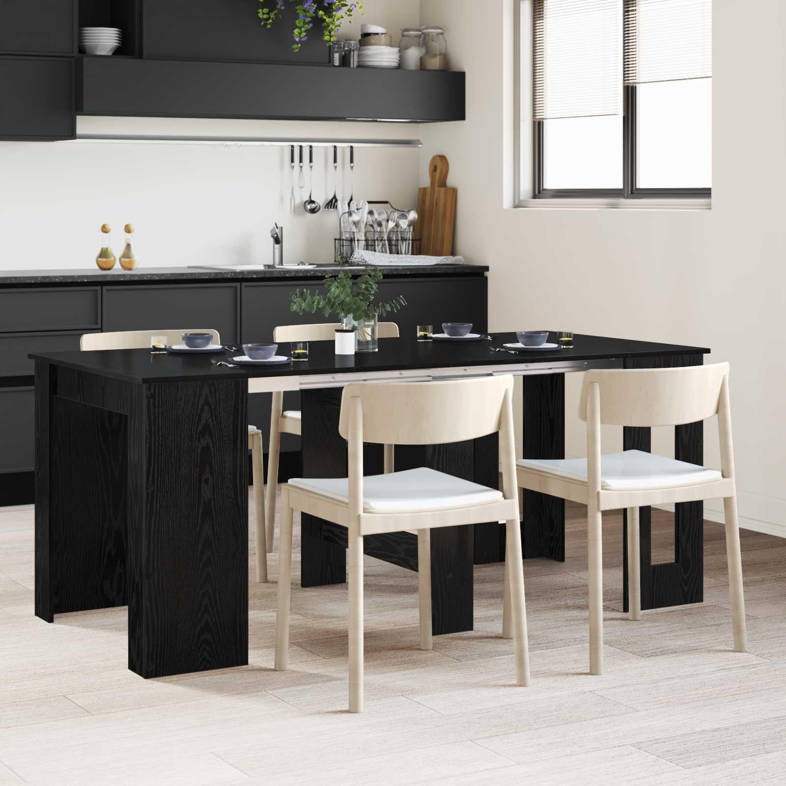 Tavolo da pranzo, 180 x 85 x 75 cm, in legno di rovere nero | Estensibile con meccanismo manuale, impermeabile, versatile come posto di lavoro, facile da pulire
