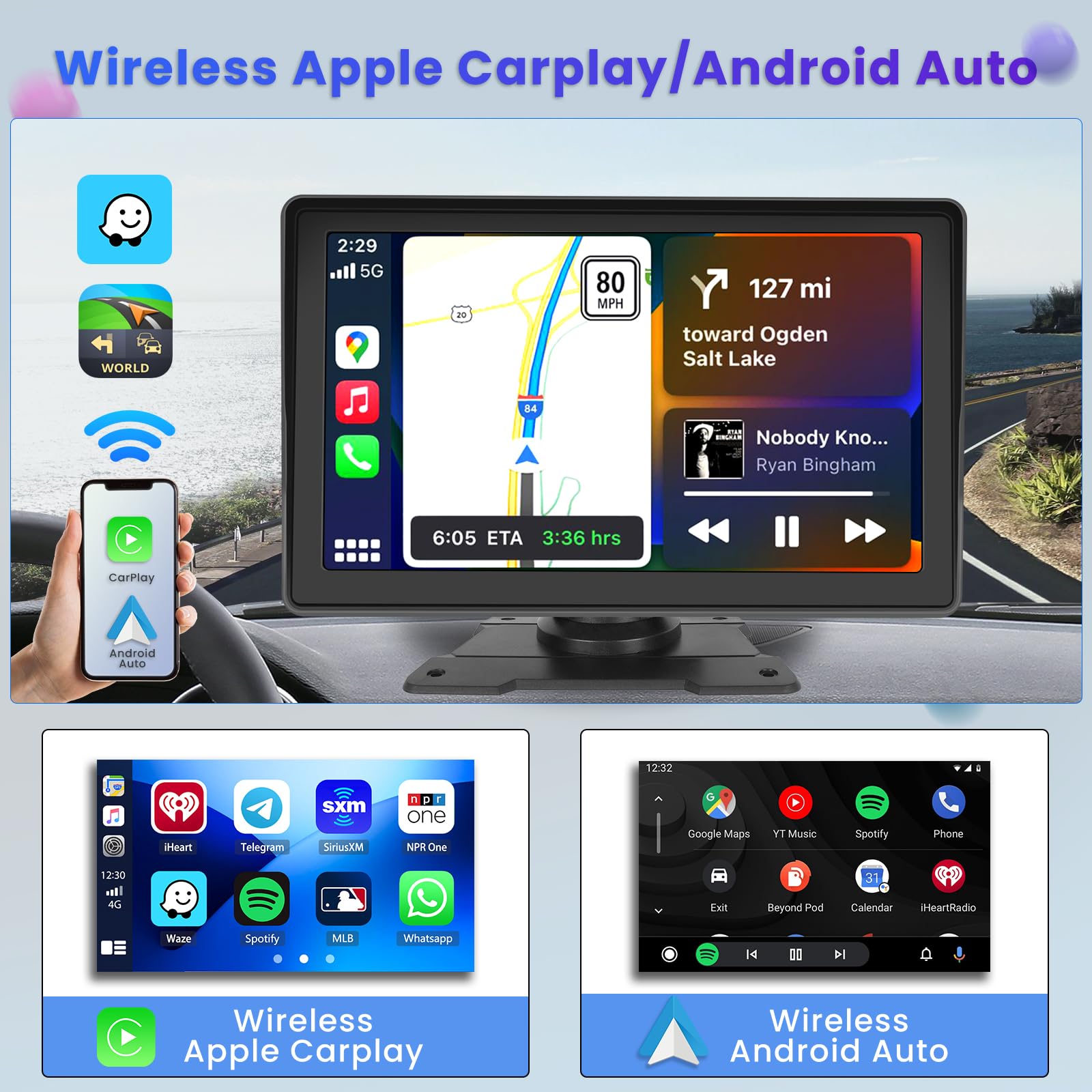 Autoradio Portatile Hikity Con CarPlay E Android Auto Wireless - Schermo Touch 7 Pollici, Bluetooth 5.1, FM - Include Supporto A Ventosa E Scheda 64GB