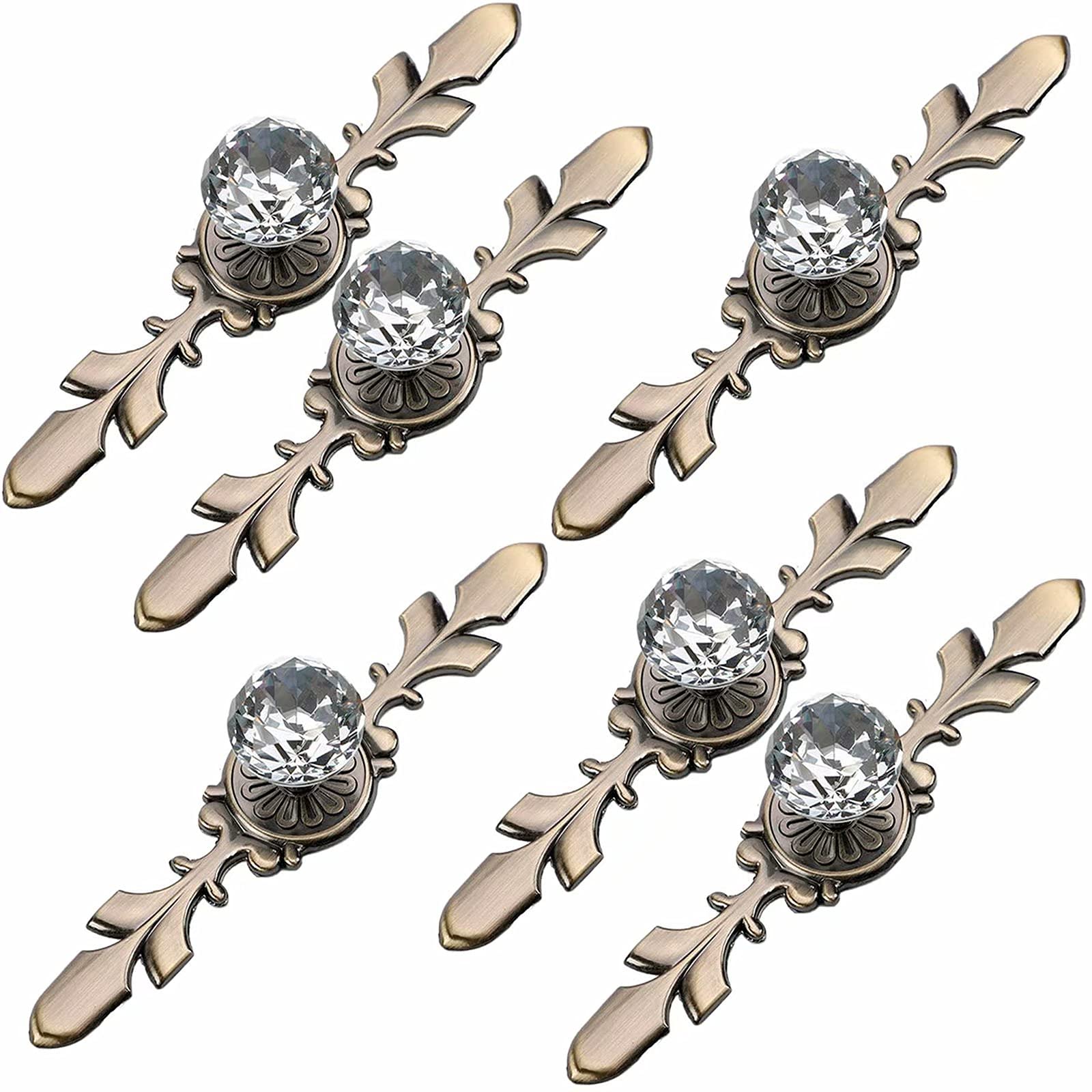 Frolahouse 6 Pcs Drawer Dresser Knobs Pull Handles - Crystal Glass Diamond Decorative Knobs with Bronze Plate(Length: 120mm), Cabinet Cupboard Door Knobs with Screws