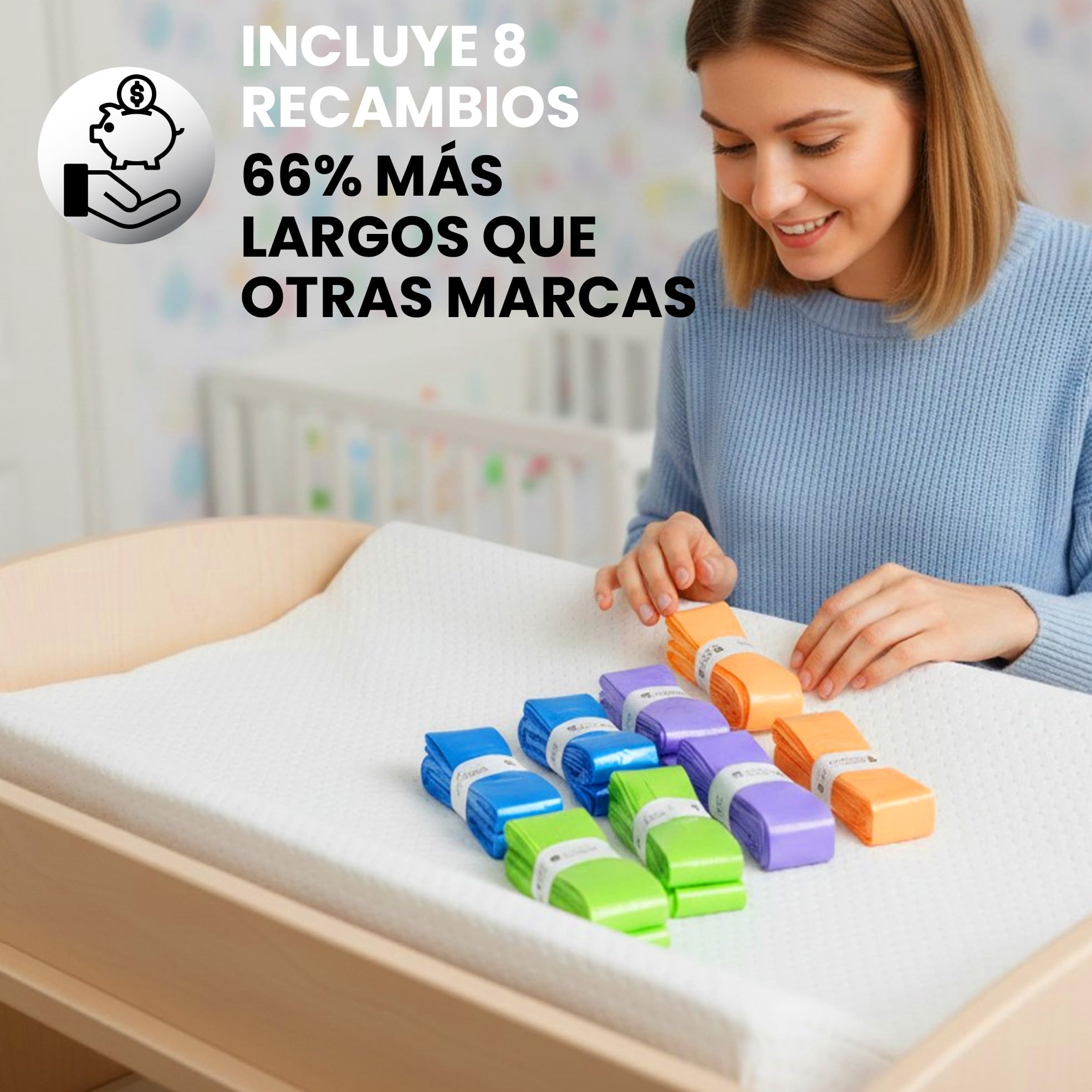 Factory HappyYou® – Pack 8 XXL Compatible con Angelcare y Tommee Tippee, entre otros muchos. Recambio -para Papelera Pañales Bebe - Contenedor Pañales – Escudo Antilolor – 7,5 metros por recambio