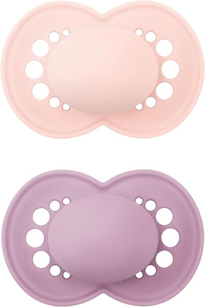 MAM Original Elements dummy, symmetrical and orthodontic baby dummy made of SkinSoft silicone, breastfeeding-friendly shape, with dummy box, 16+ months, pink/purple, set of 2 - 1