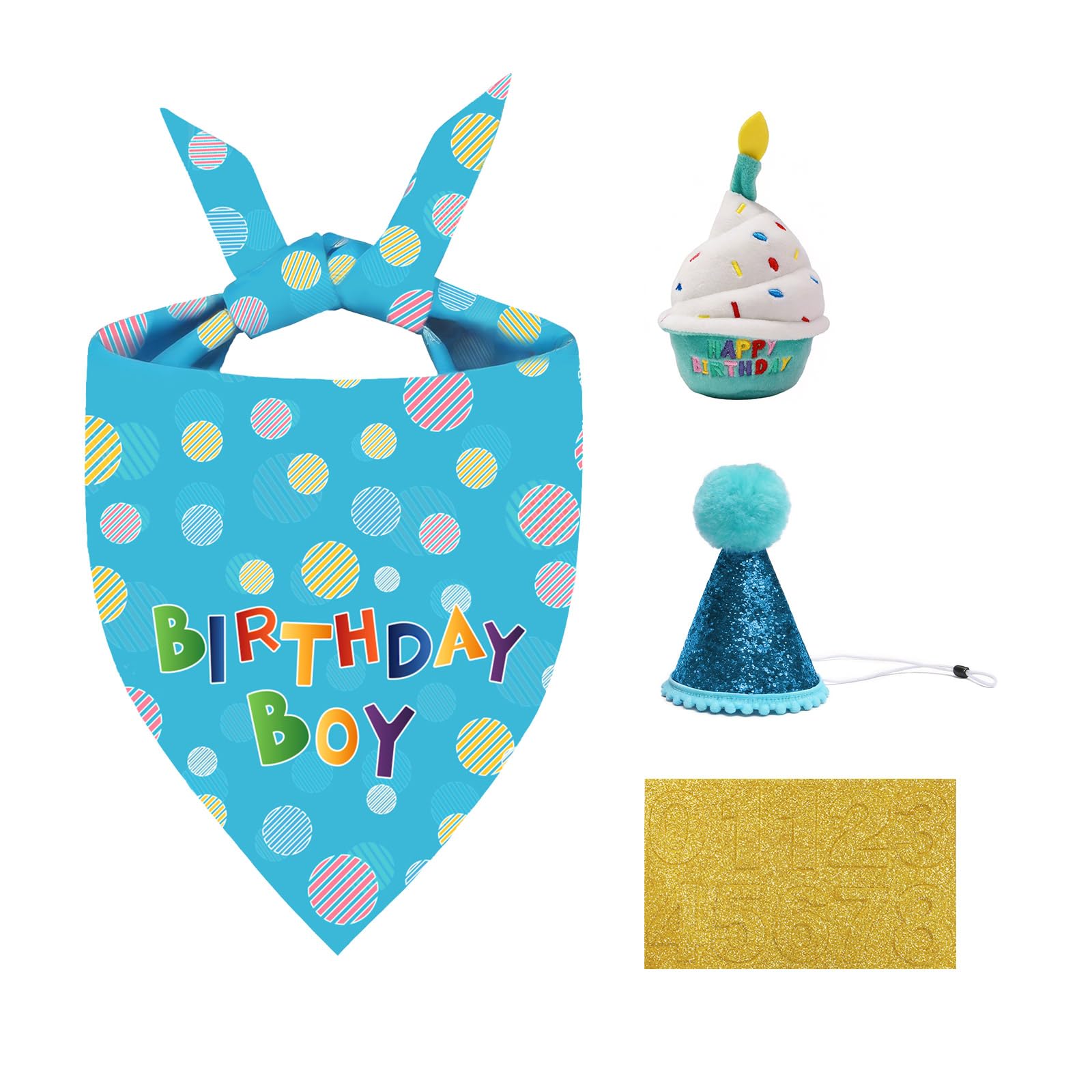 Bestwist Dog Birthday Bandana Set with Squeaker Toy, 4 Piece Party Kit Includes Hat & Age Number, Fun Birthday Gifts for Dogs, Blue, Fits Necks up to 19 Inch